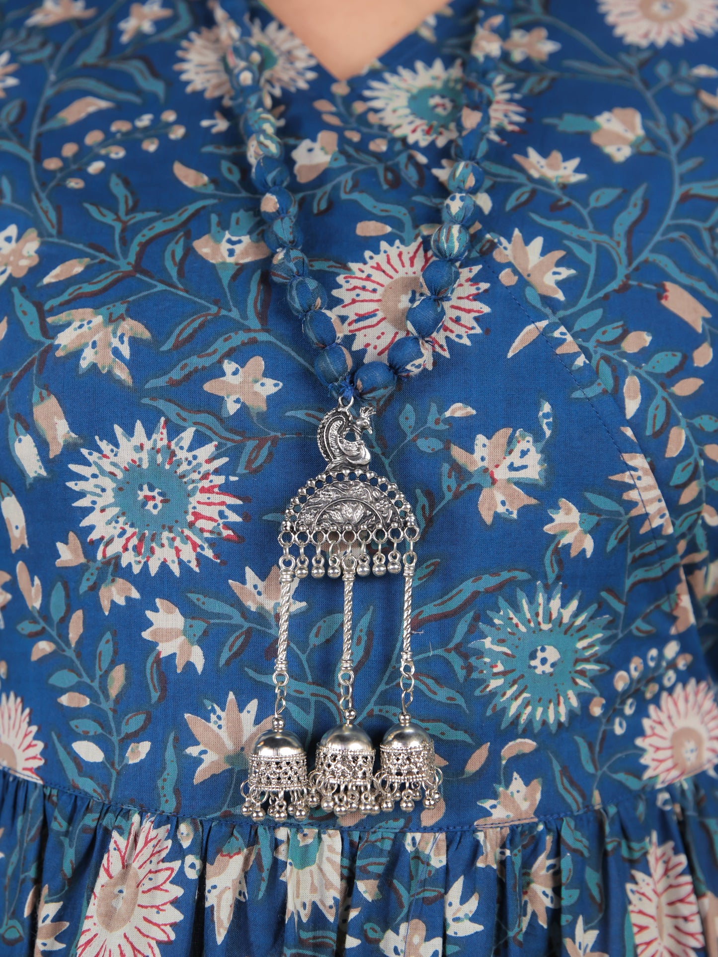 Soft Cotton Floral Angrakha Blue Dress