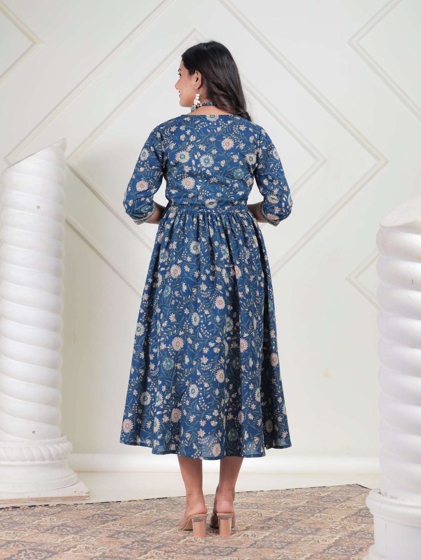 Soft Cotton Floral Angrakha Blue Dress