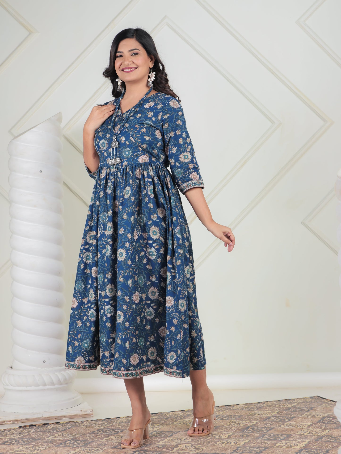 Soft Cotton Floral Angrakha Blue Dress