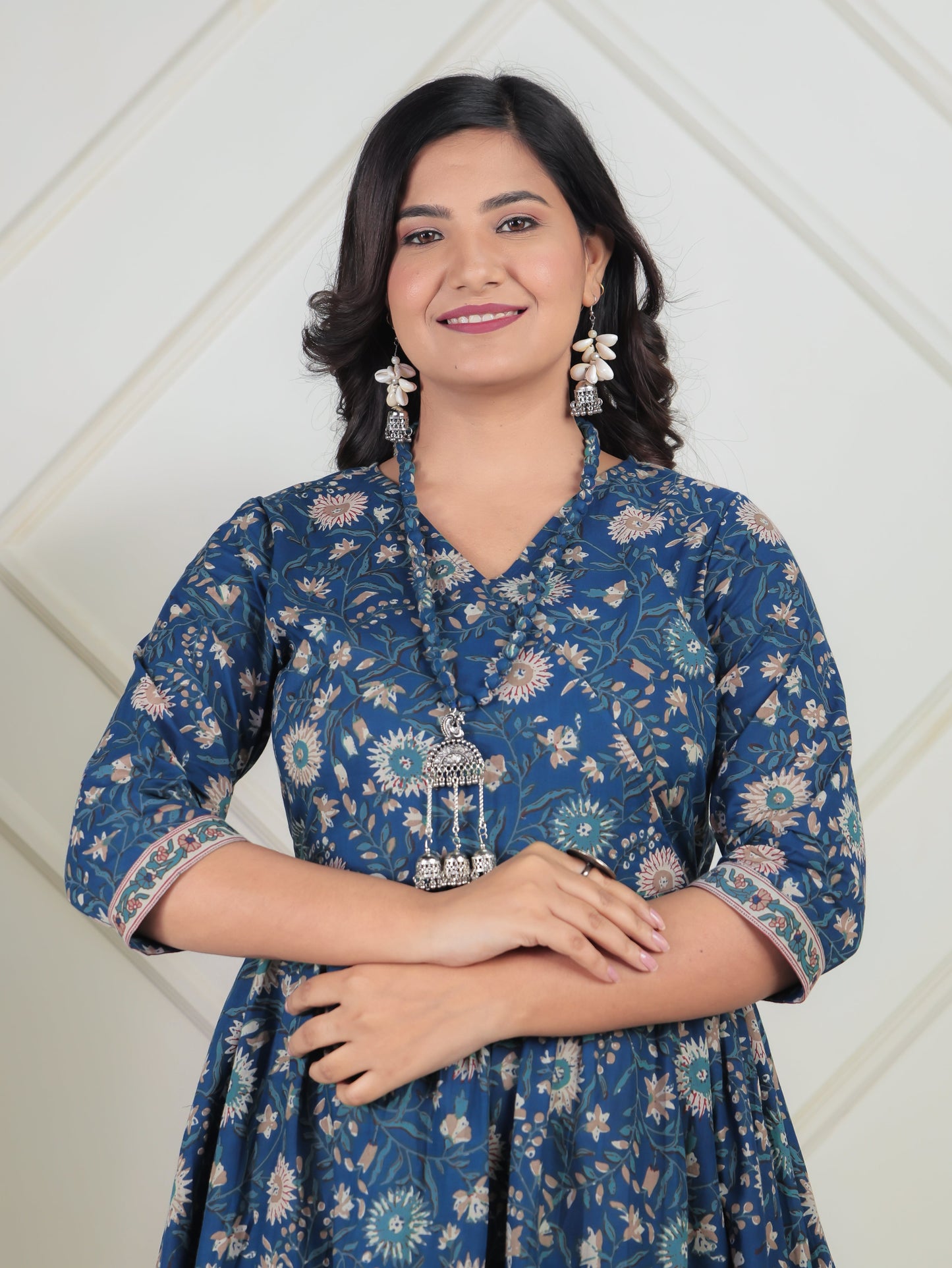 Soft Cotton Floral Angrakha Blue Dress