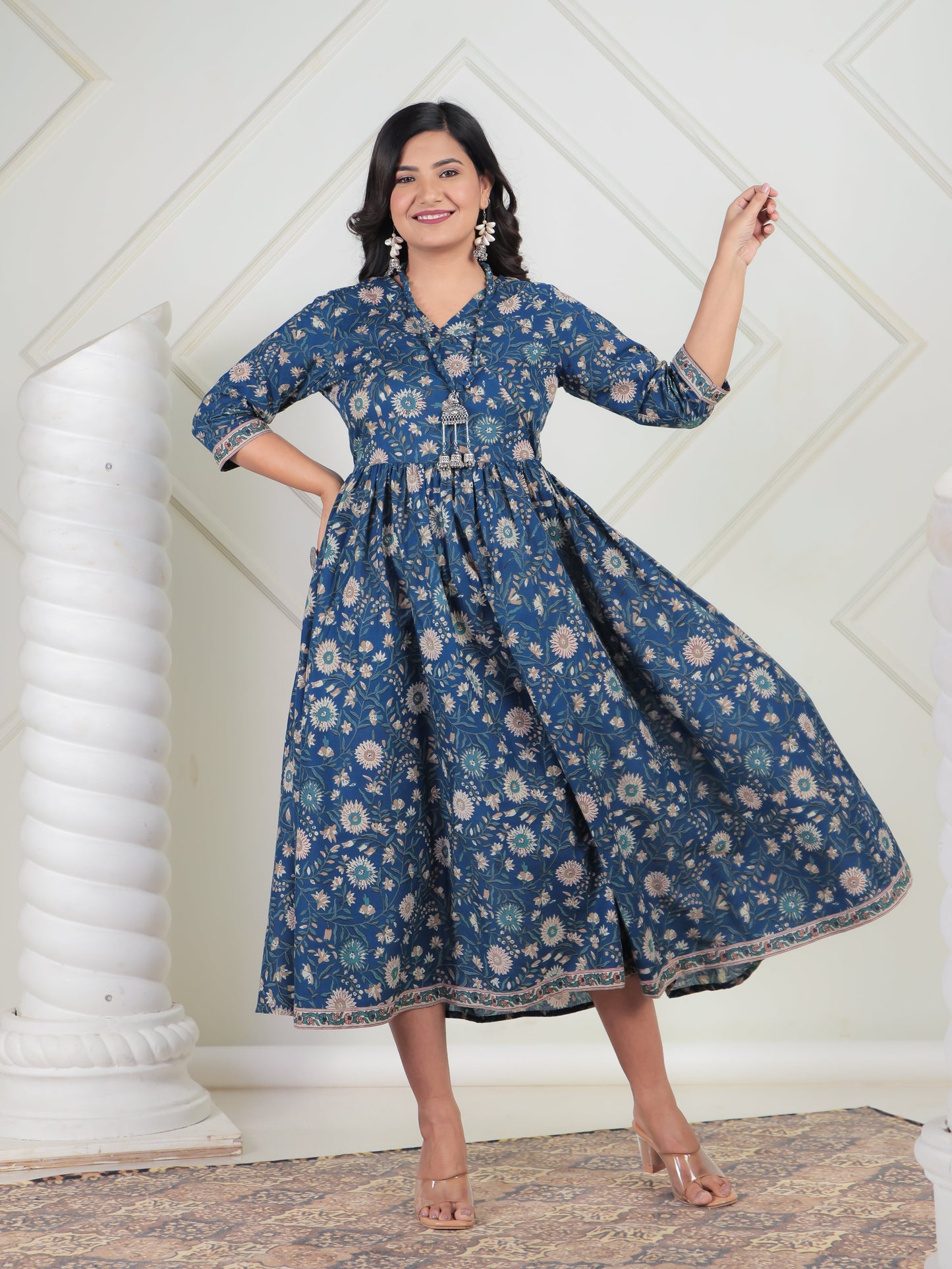Soft Cotton Floral Angrakha Blue Dress