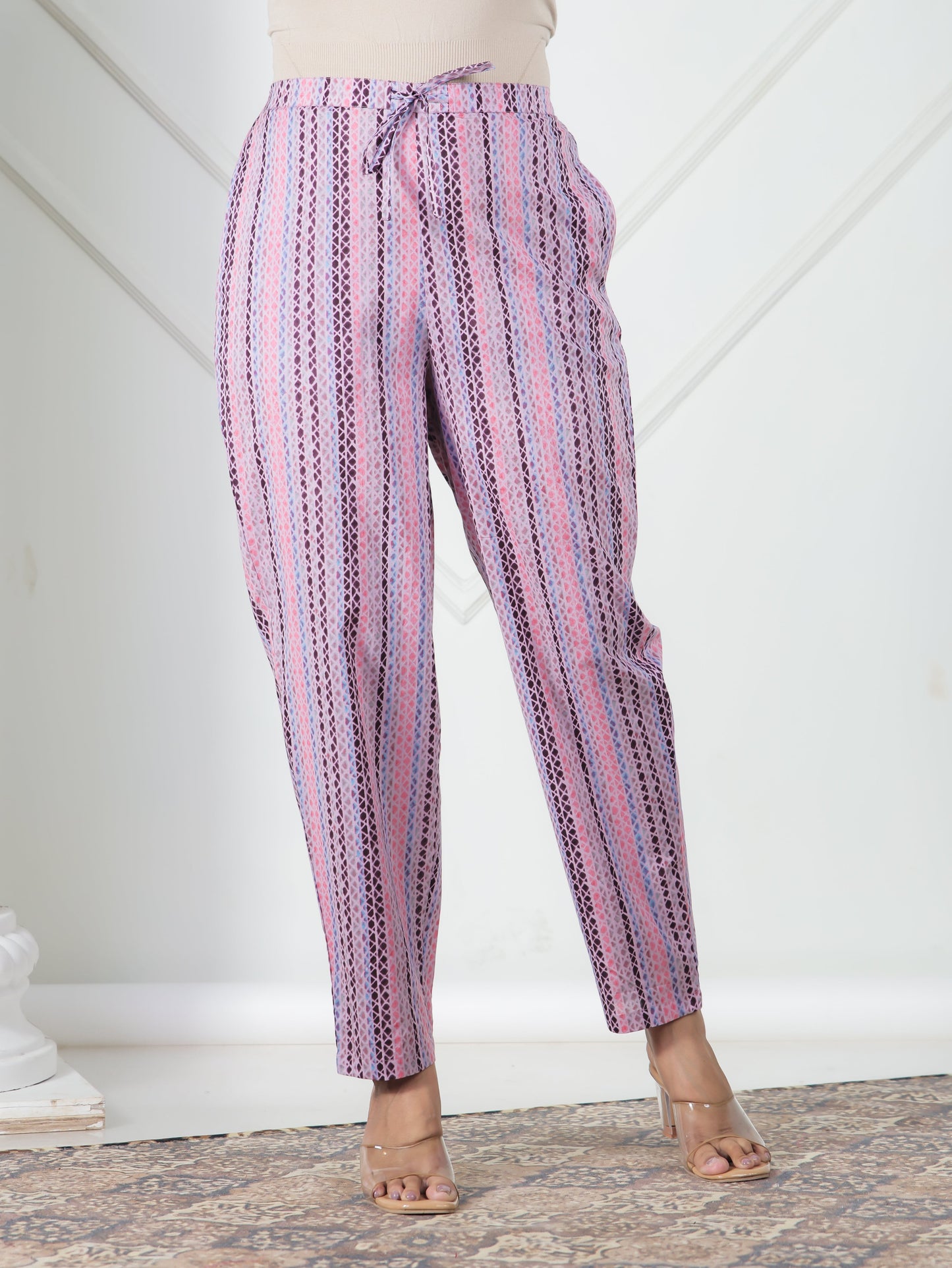 Soft Cotton Striped Purple Tapered Trousers