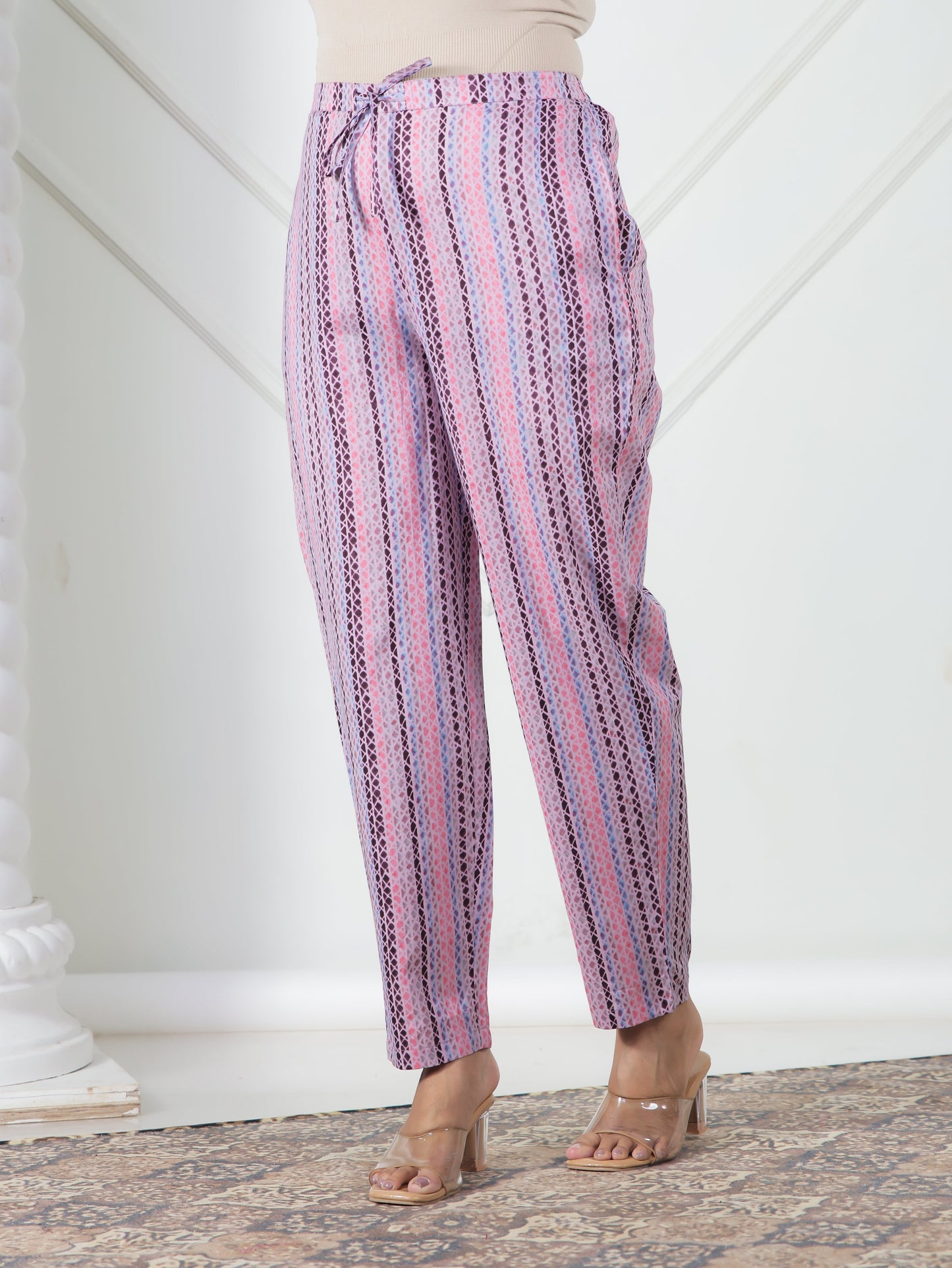 Soft Cotton Striped Purple Tapered Trousers