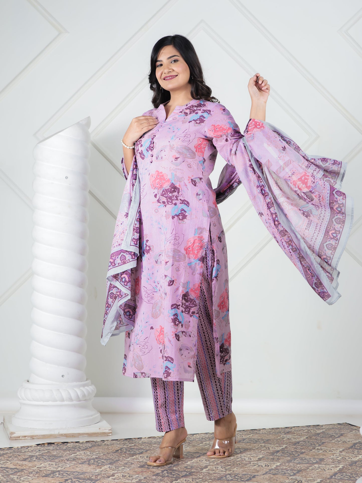 Soft Cotton Abstract Straight Purple Kurta