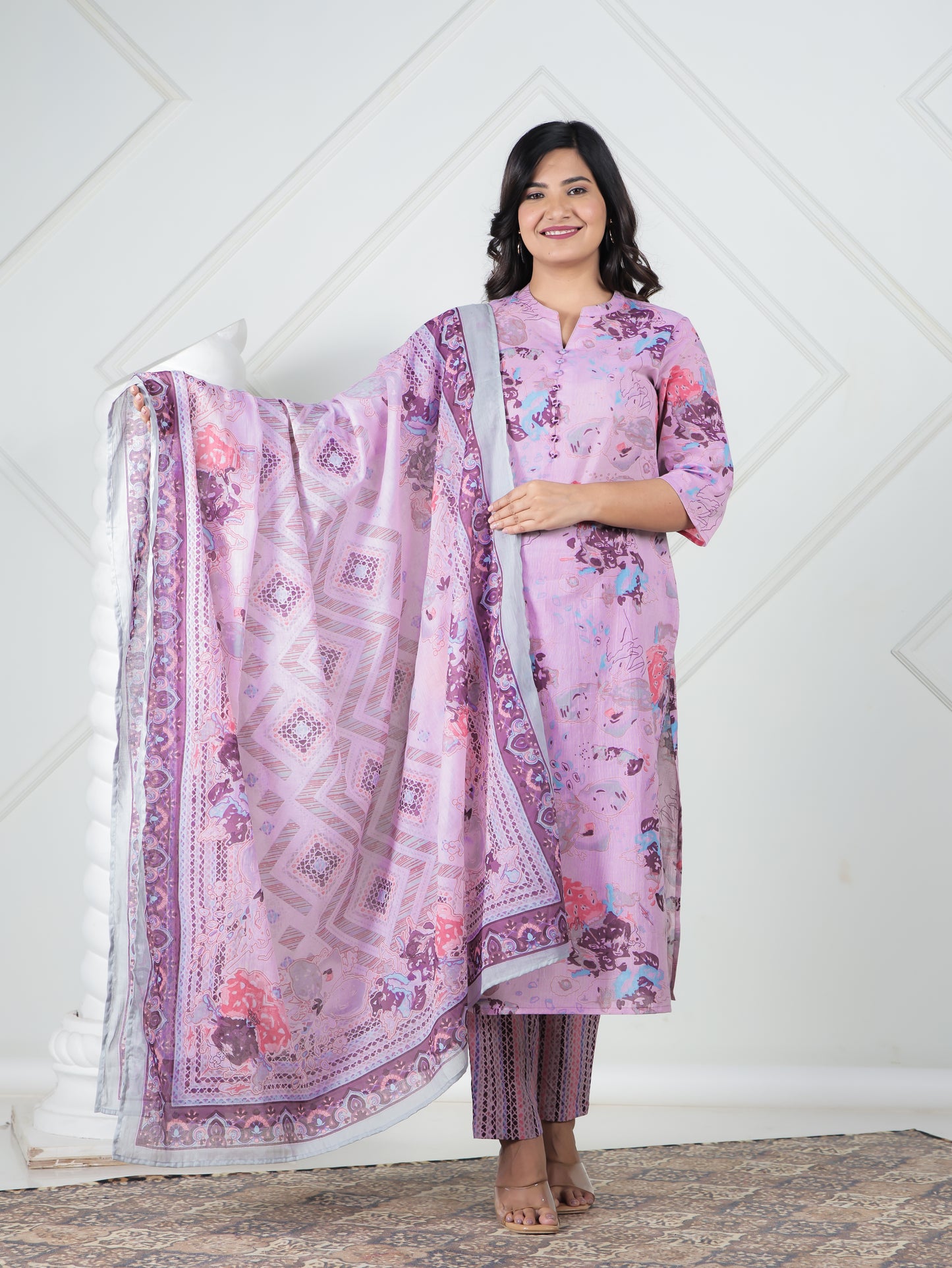 Soft Cotton Abstract Straight Purple Kurta
