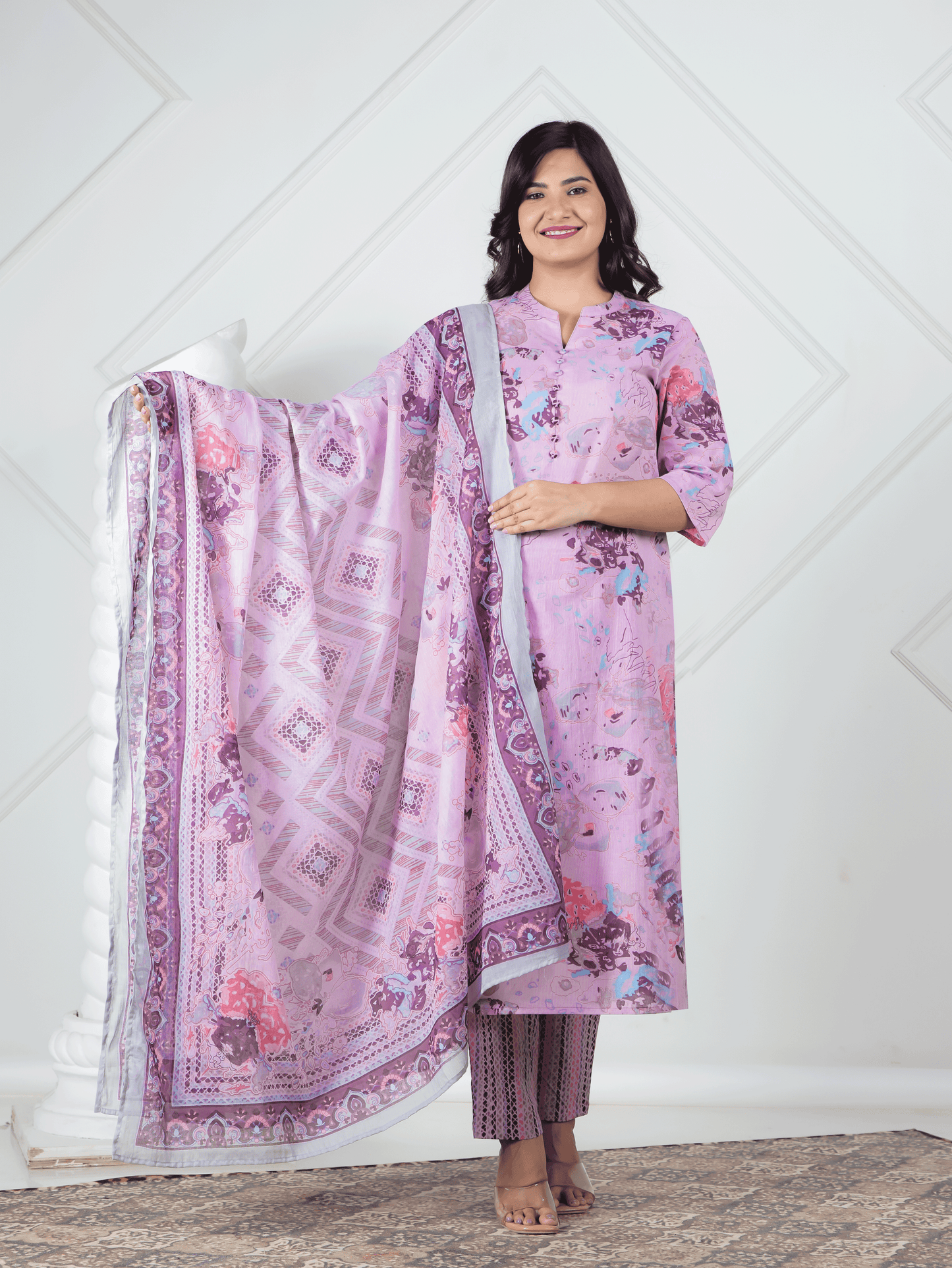 Soft Cotton Abstract Straight Purple Kurta