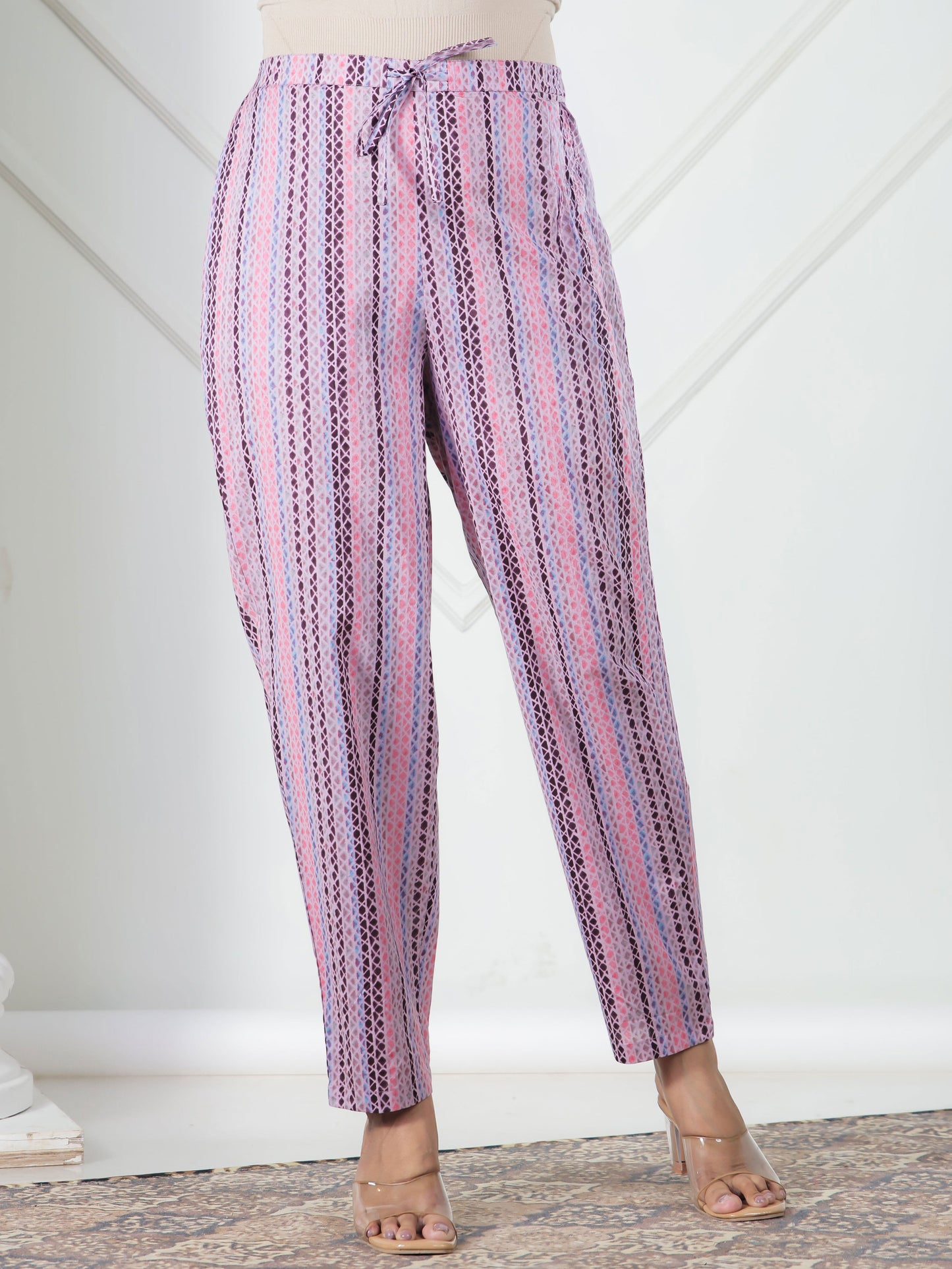 Soft Cotton Striped Purple Tapered Trousers