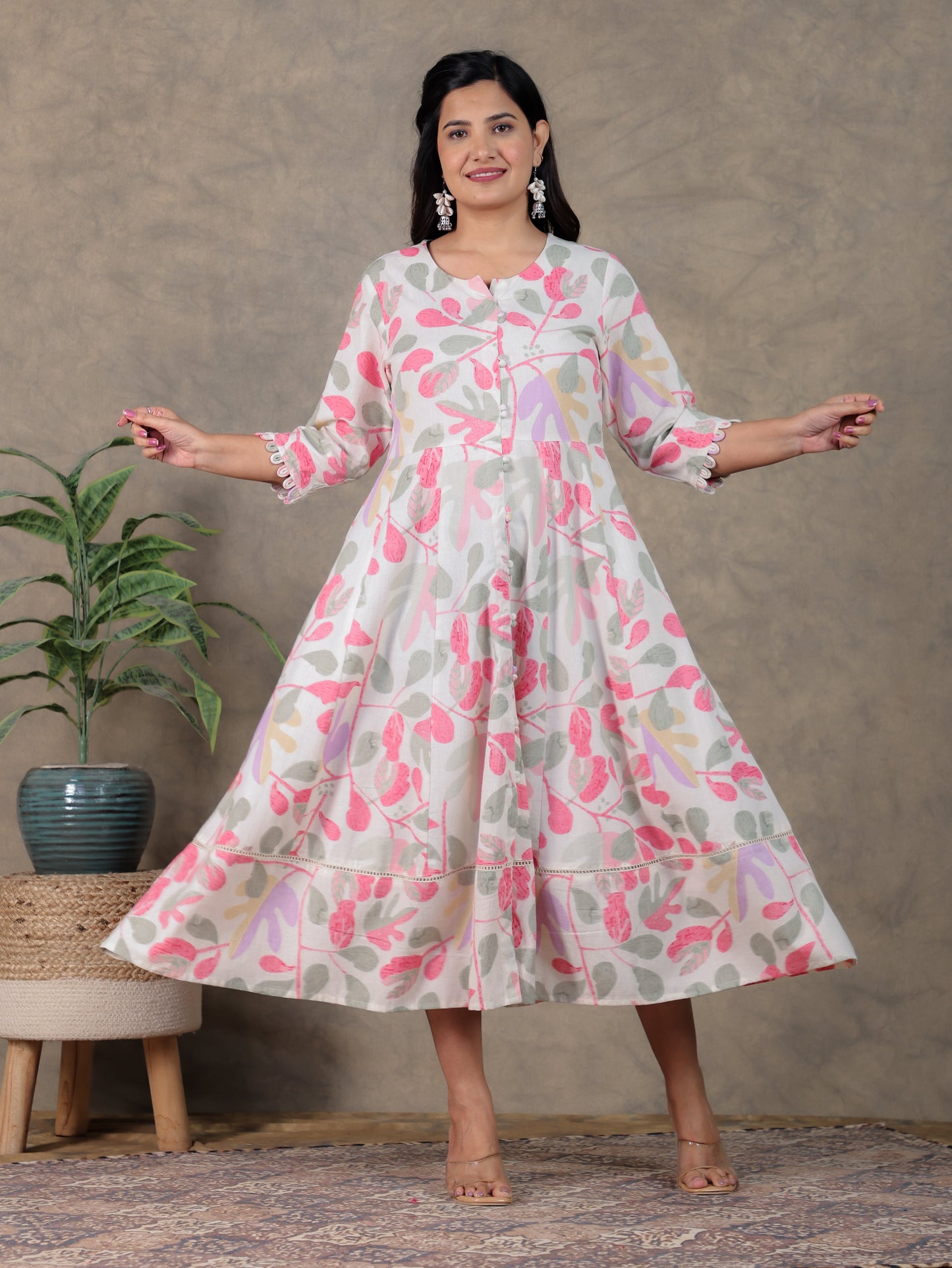 Linen Cotton Foliage Anarkali Off White Dress