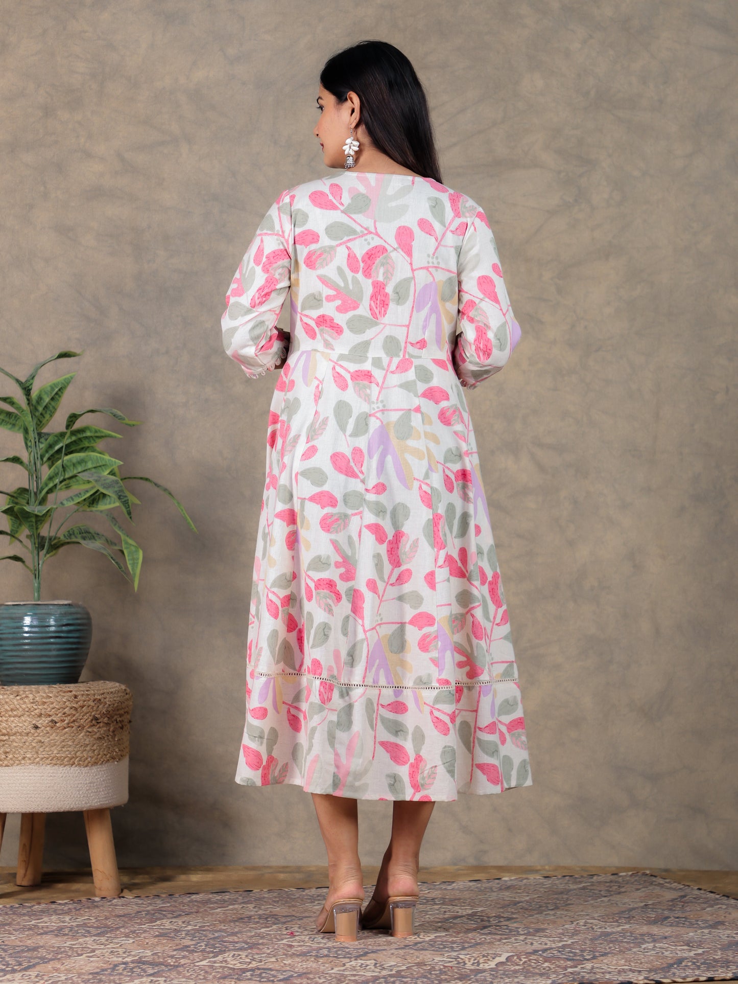 Linen Cotton Foliage Anarkali Off White Dress