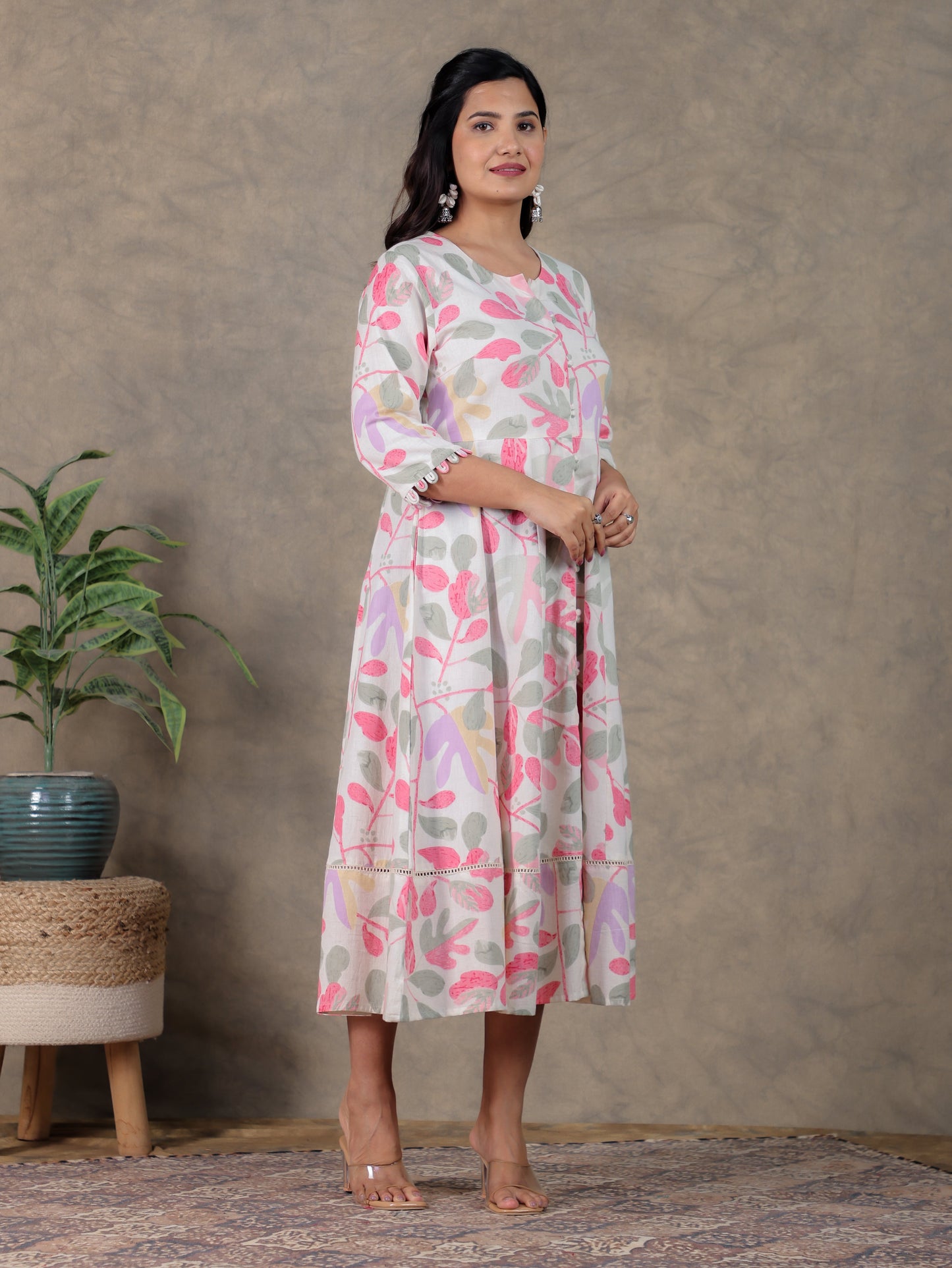 Linen Cotton Foliage Anarkali Off White Dress