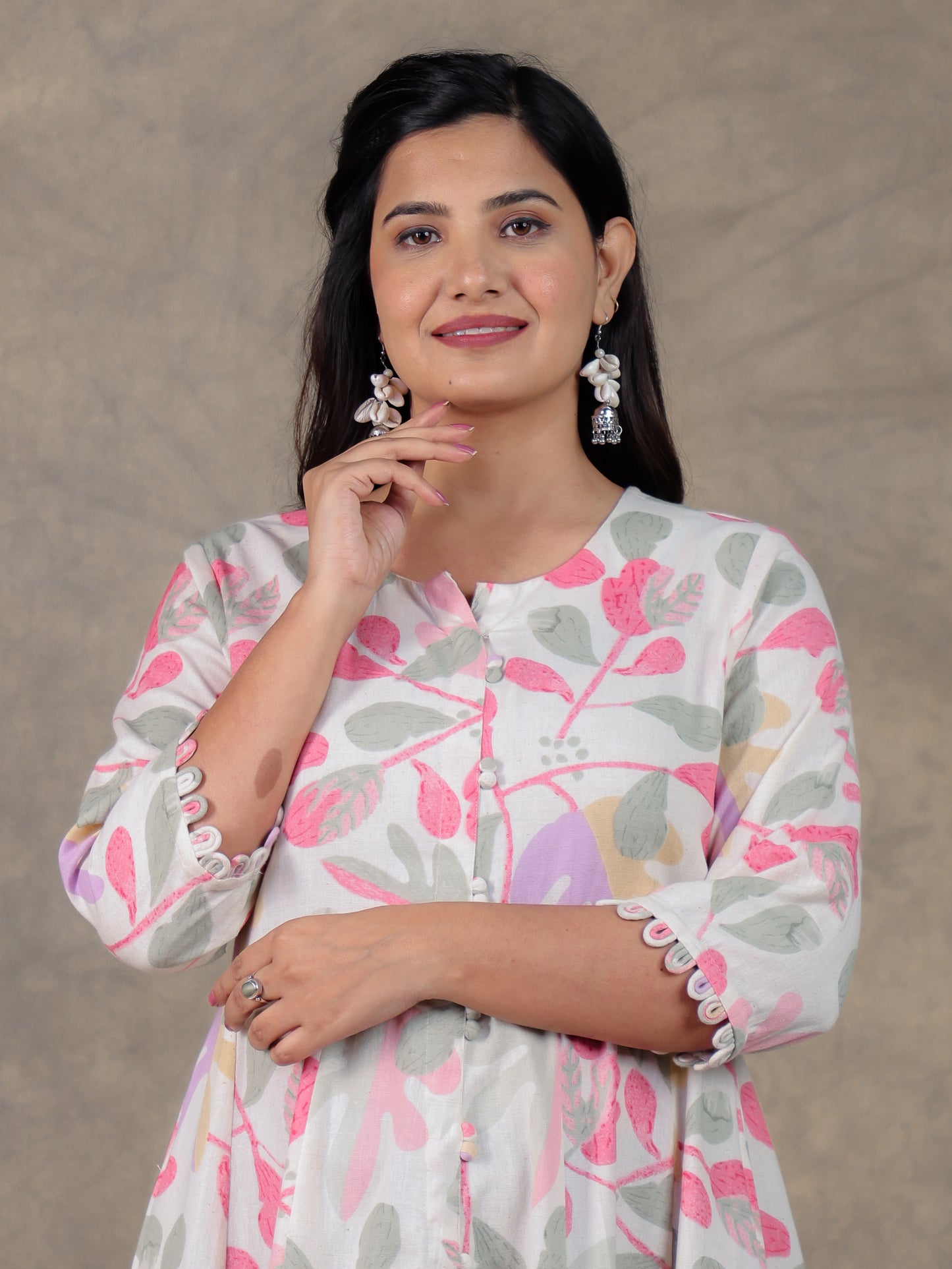 Linen Cotton Foliage Anarkali Off White Dress