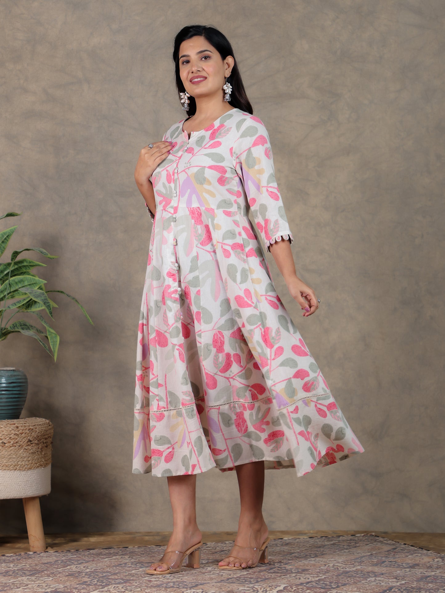 Linen Cotton Foliage Anarkali Off White Dress