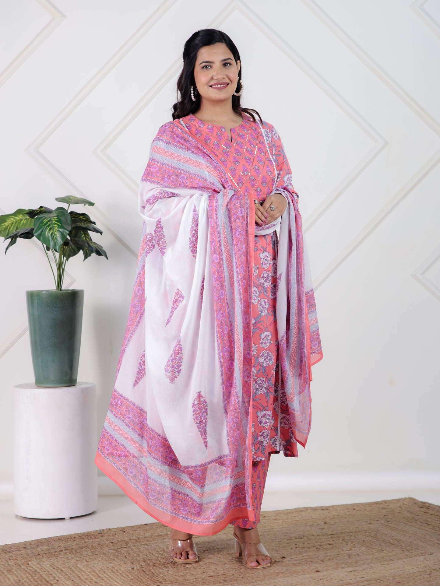 Embroidered Soft Cotton Floral Panelled Peach Kurta