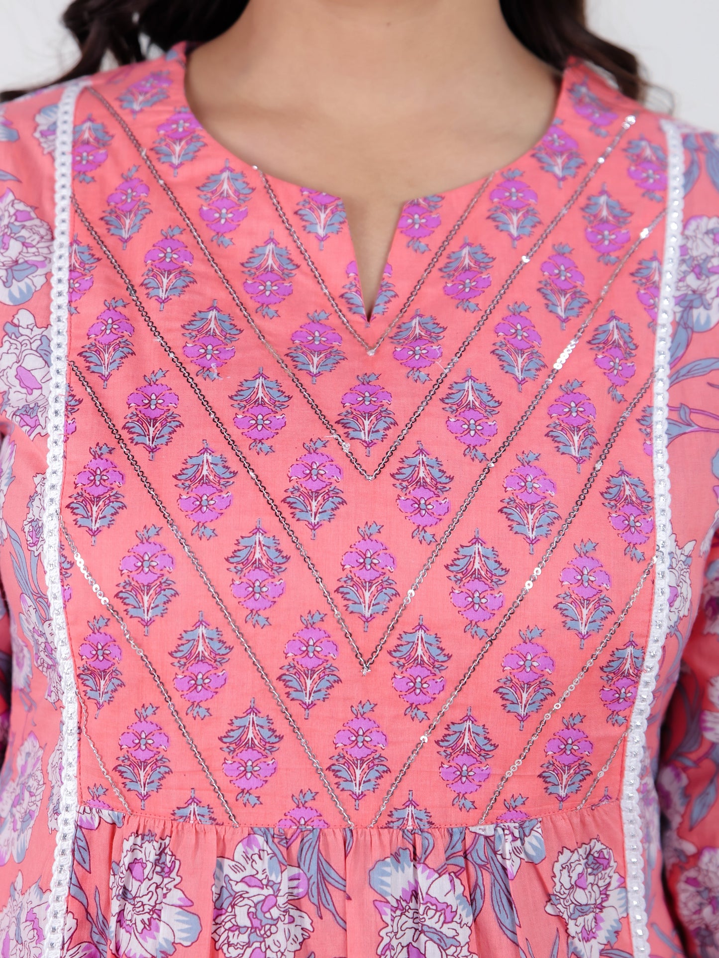 Embroidered Soft Cotton Floral Panelled Peach Kurta