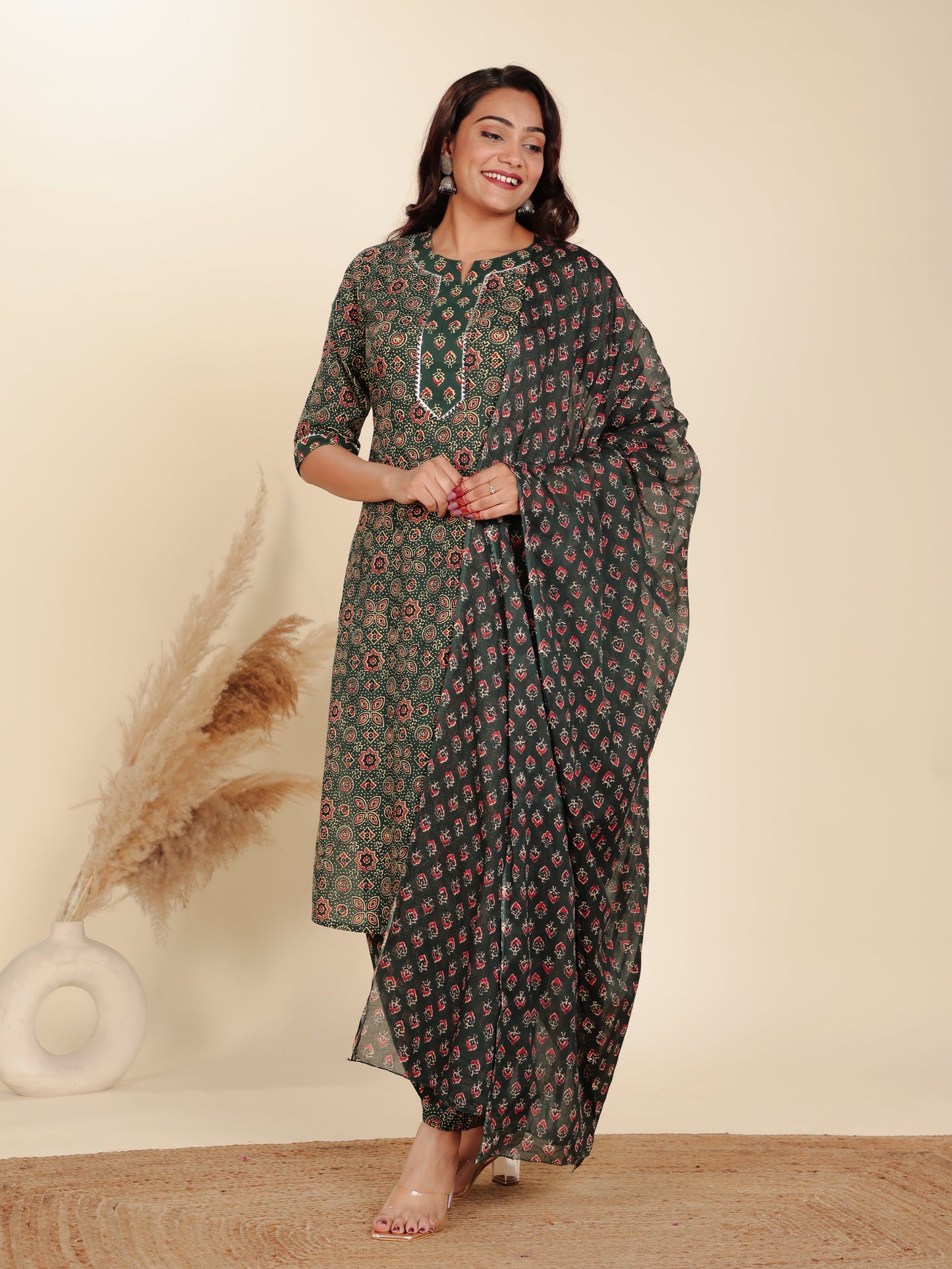 Soft Cotton Floral Straight Green Kurta