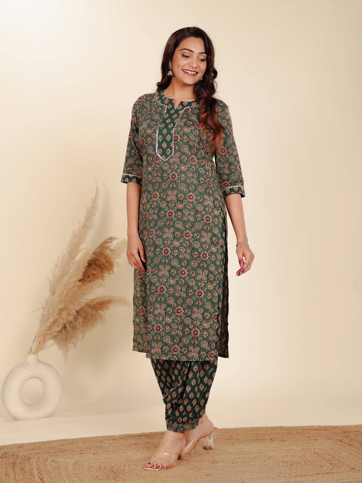 Soft Cotton Floral Straight Green Kurta