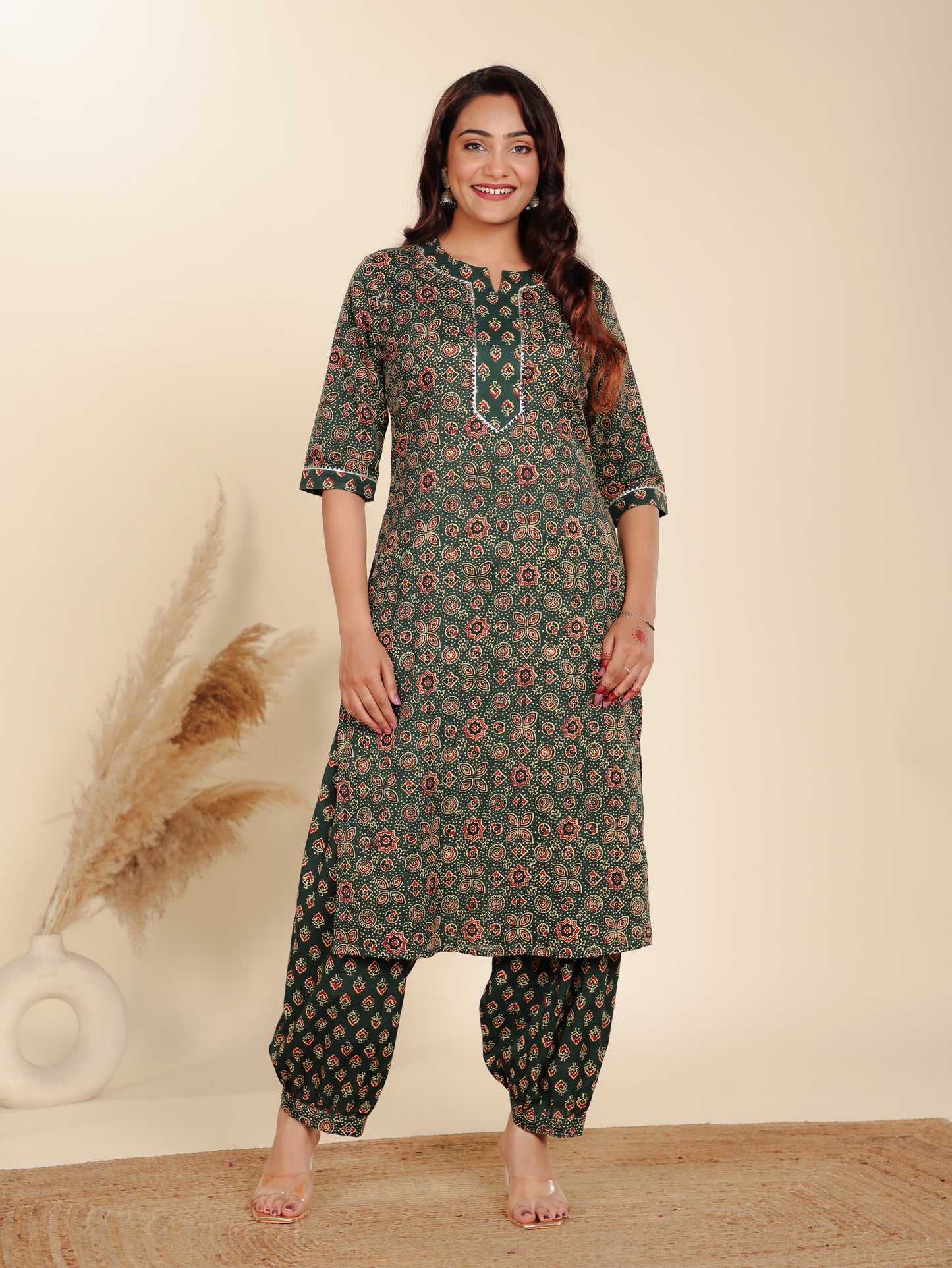 Soft Cotton Floral Straight Green Kurta
