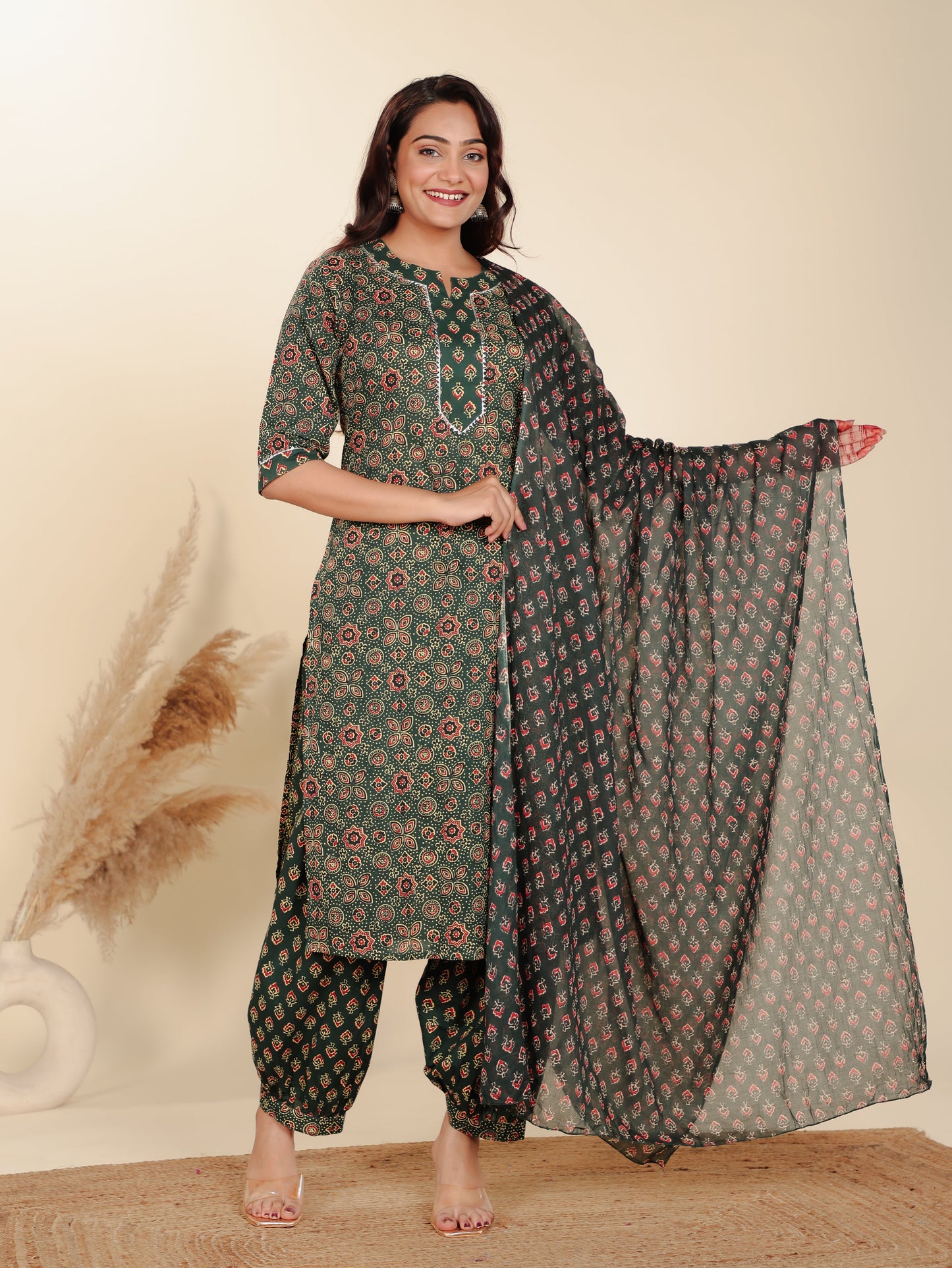 Soft Cotton Floral Straight Green Kurta
