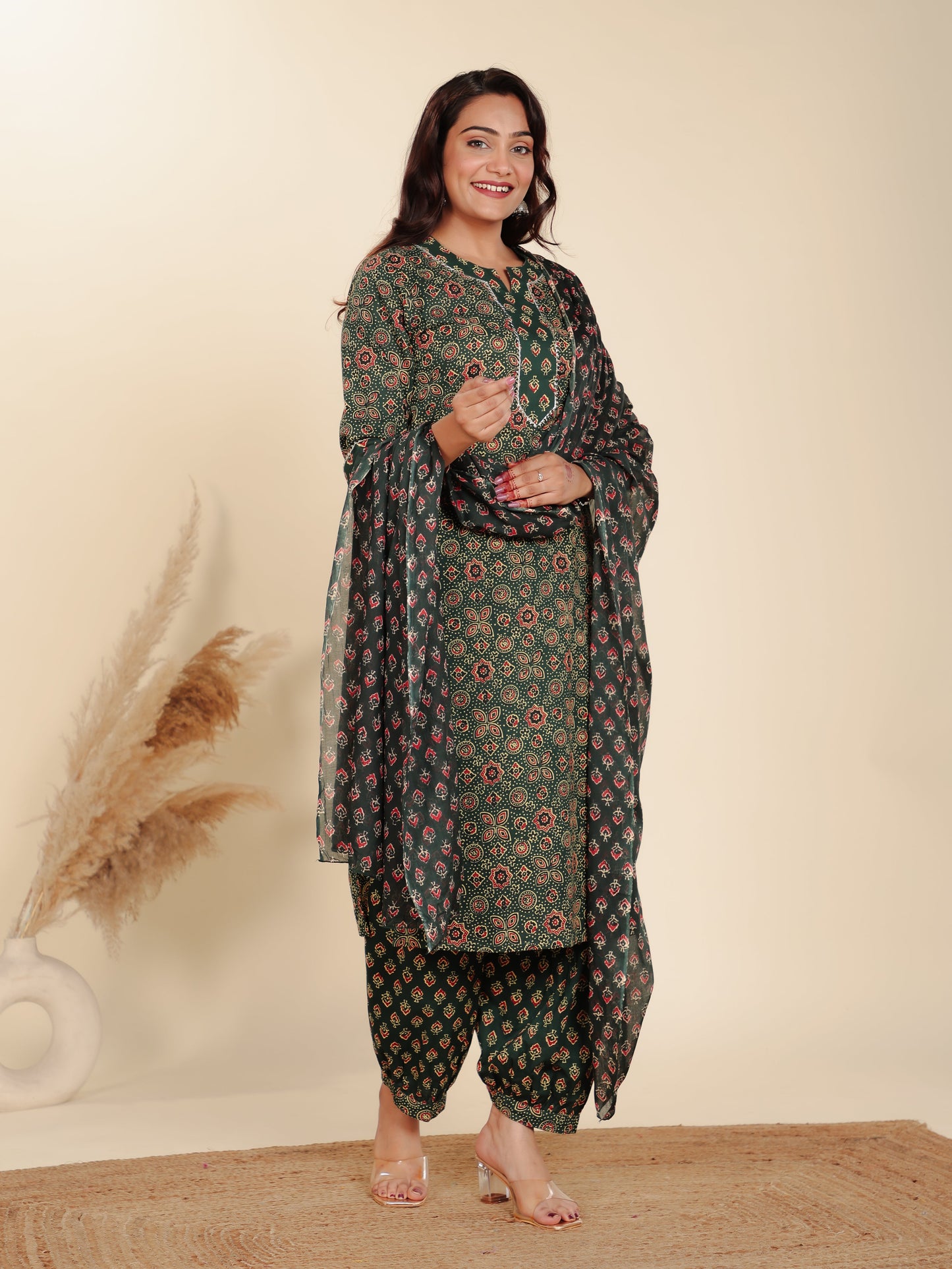 Soft Cotton Floral Straight Green Kurta