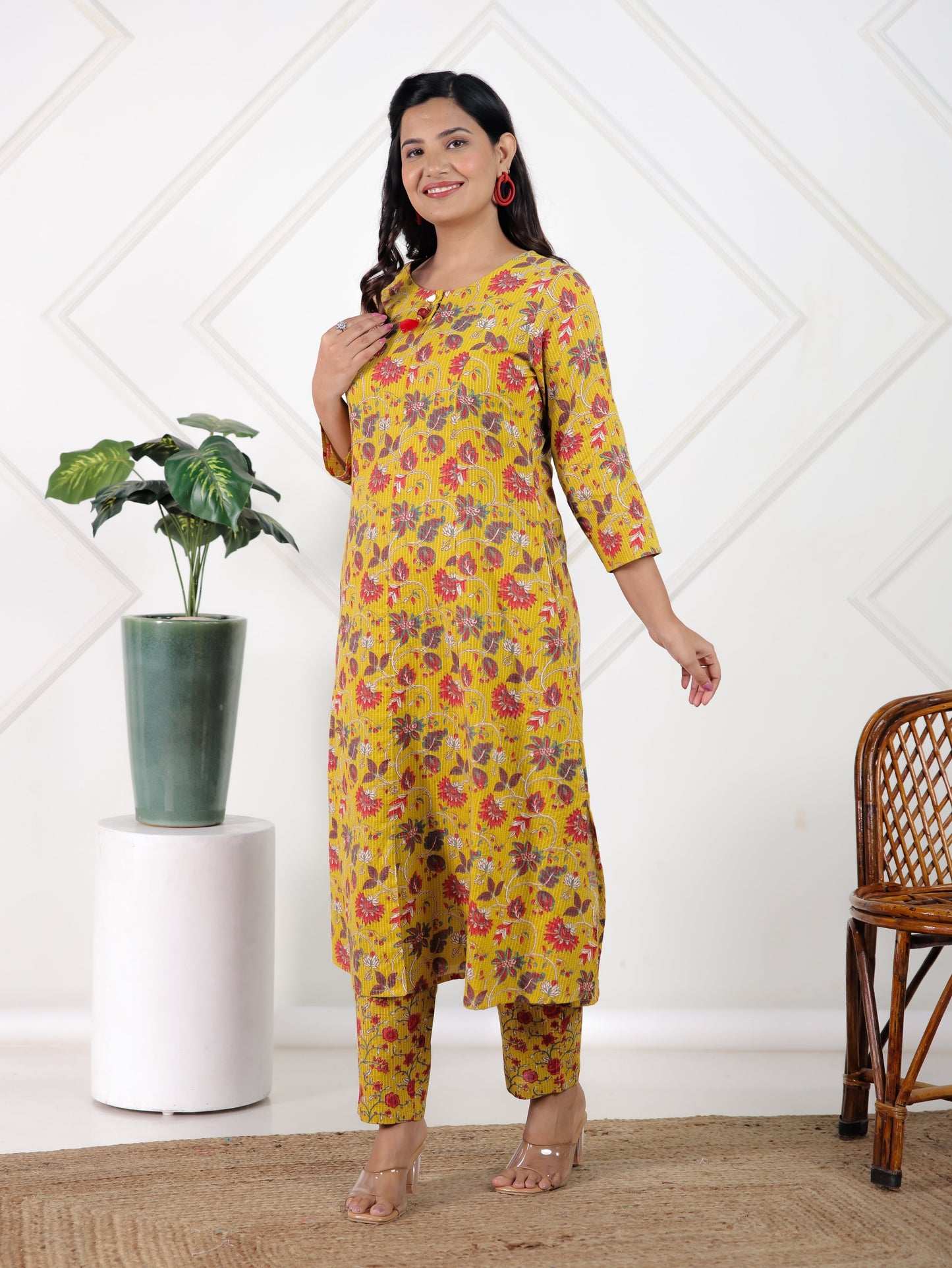 Kantha Cotton Floral A-line Yellow Kurta