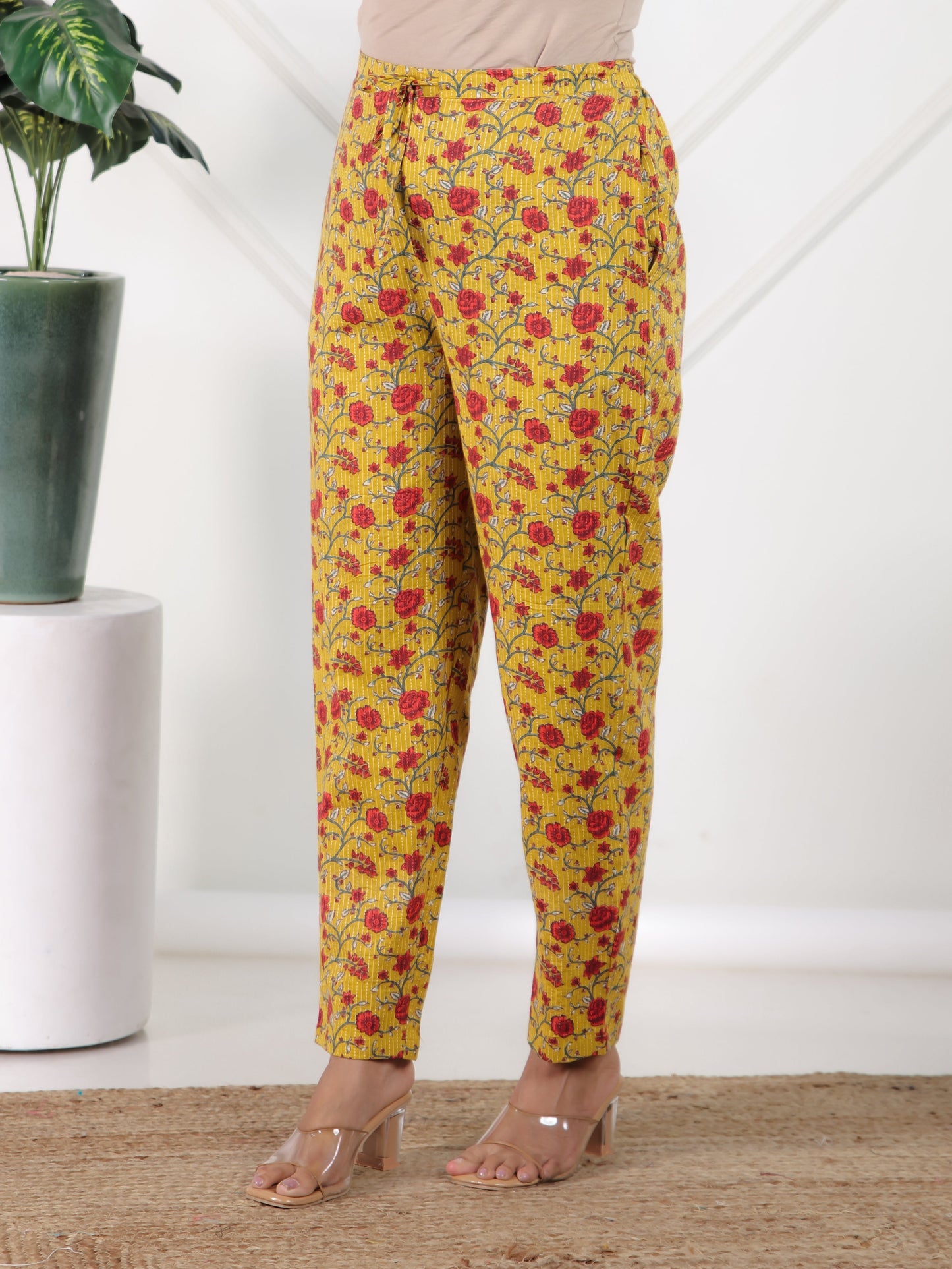 Kantha Cotton Floral A-line Yellow Kurta