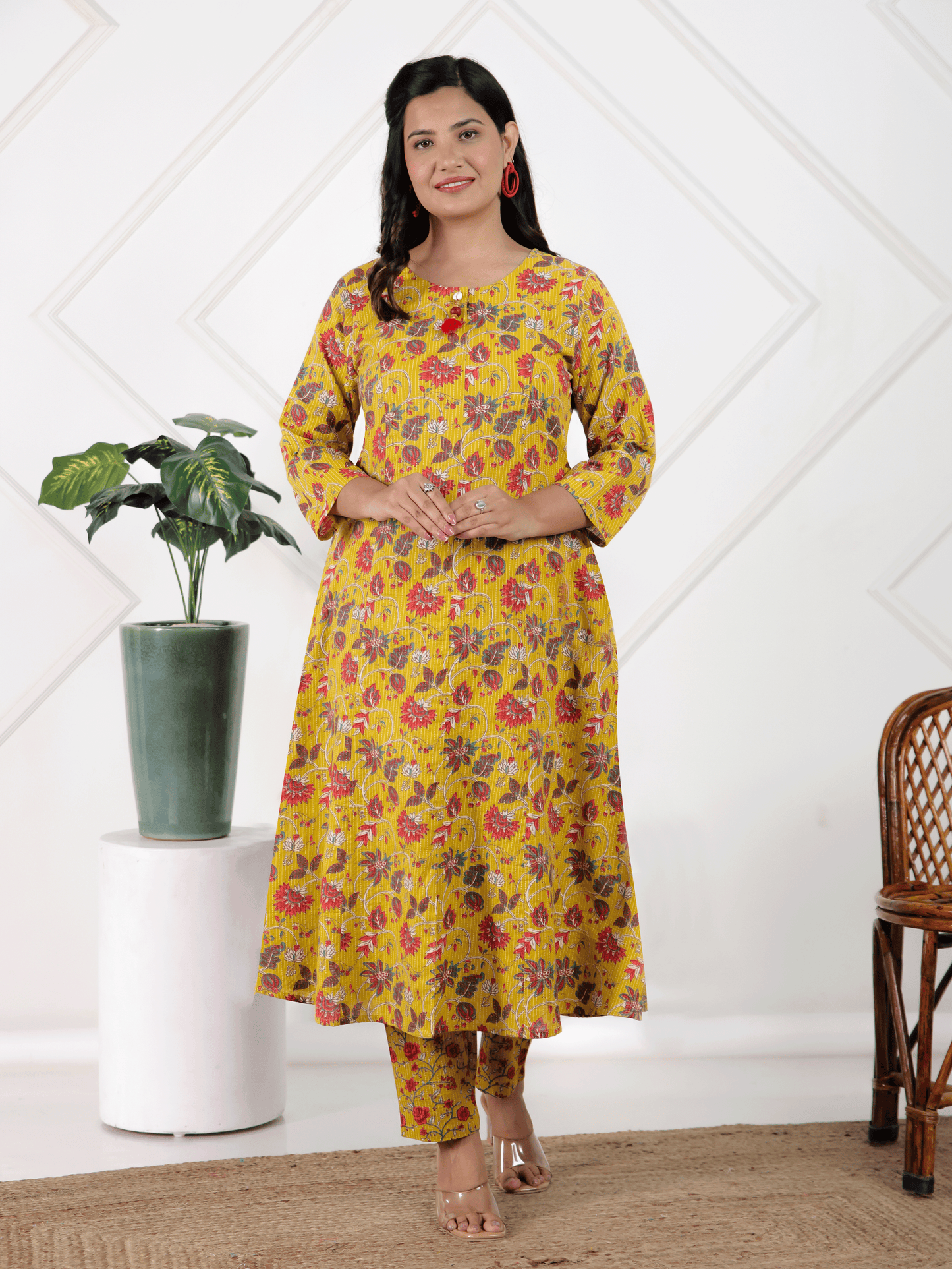 Kantha Cotton Floral A-line Yellow Kurta