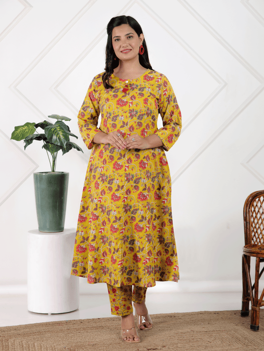 Kantha Cotton Floral A-line Yellow Kurta