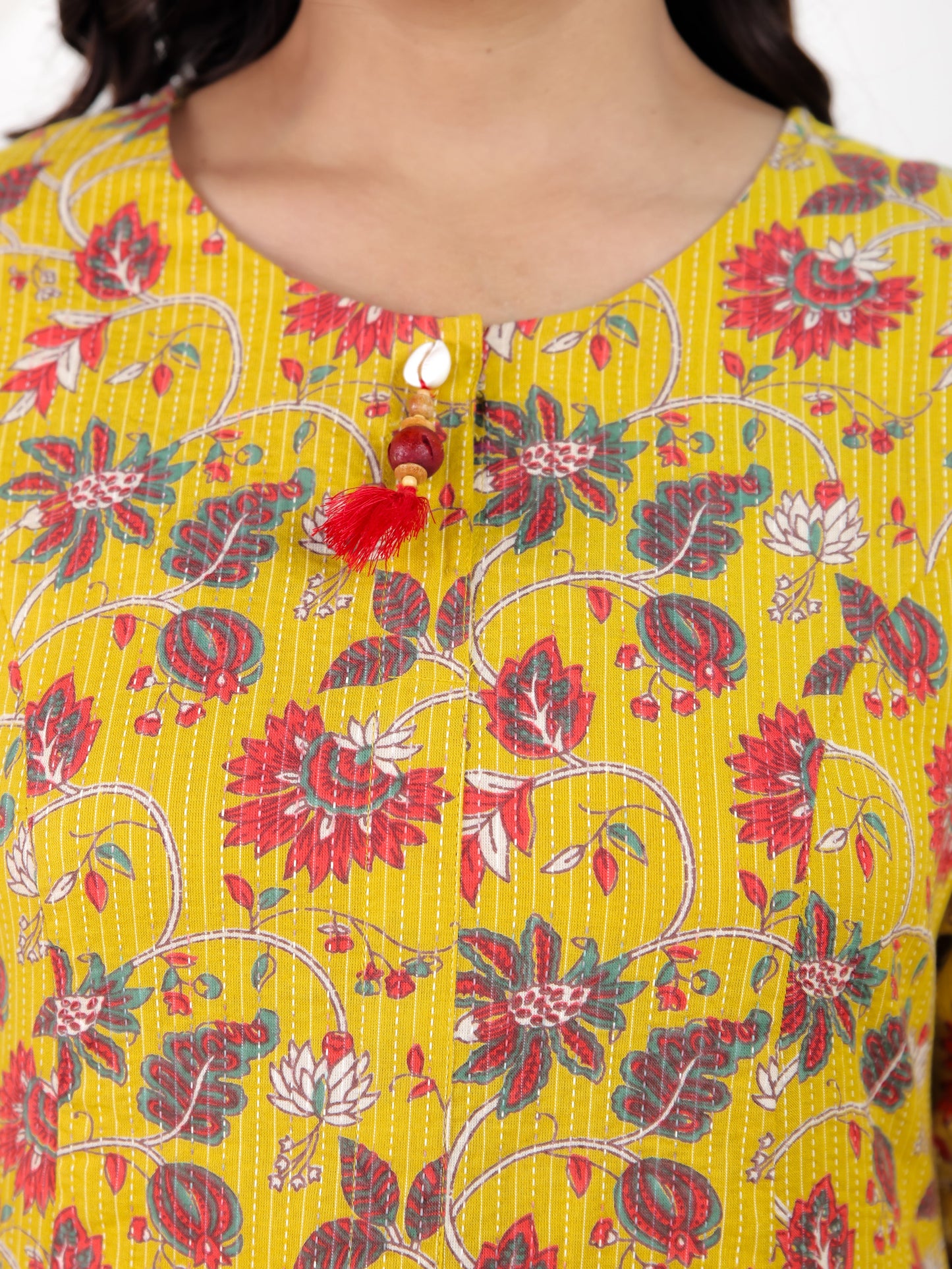 Kantha Cotton Floral A-line Yellow Kurta