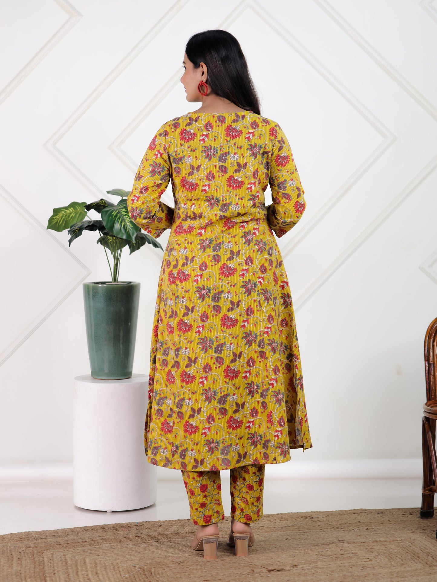Kantha Cotton Floral A-line Yellow Kurta