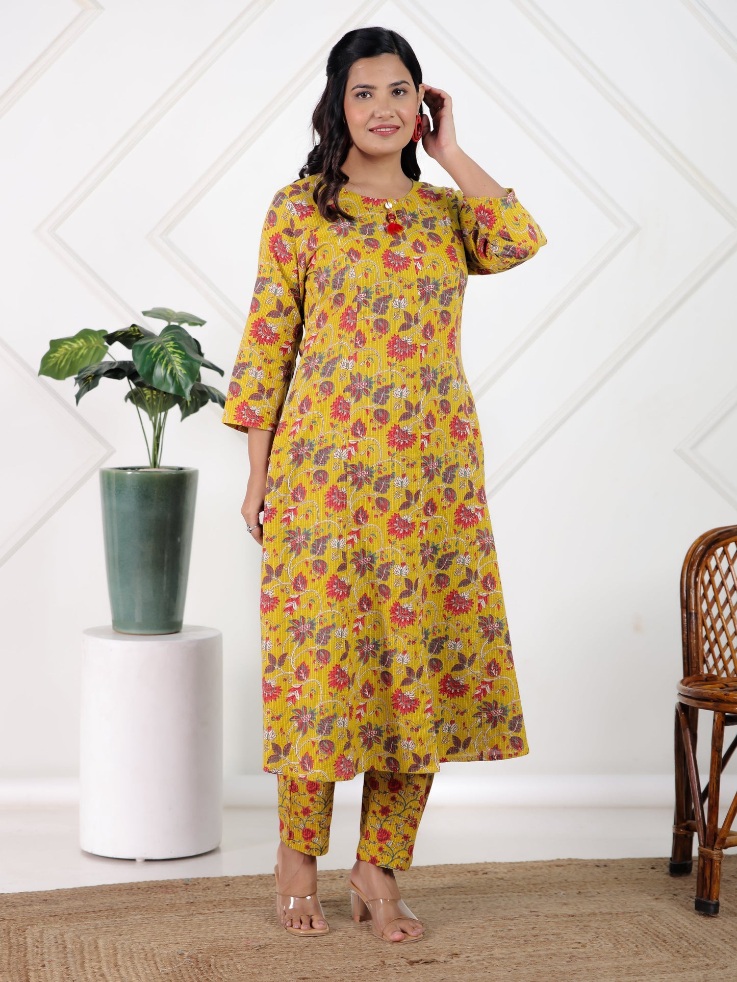 Kantha Cotton Floral A-line Yellow Kurta