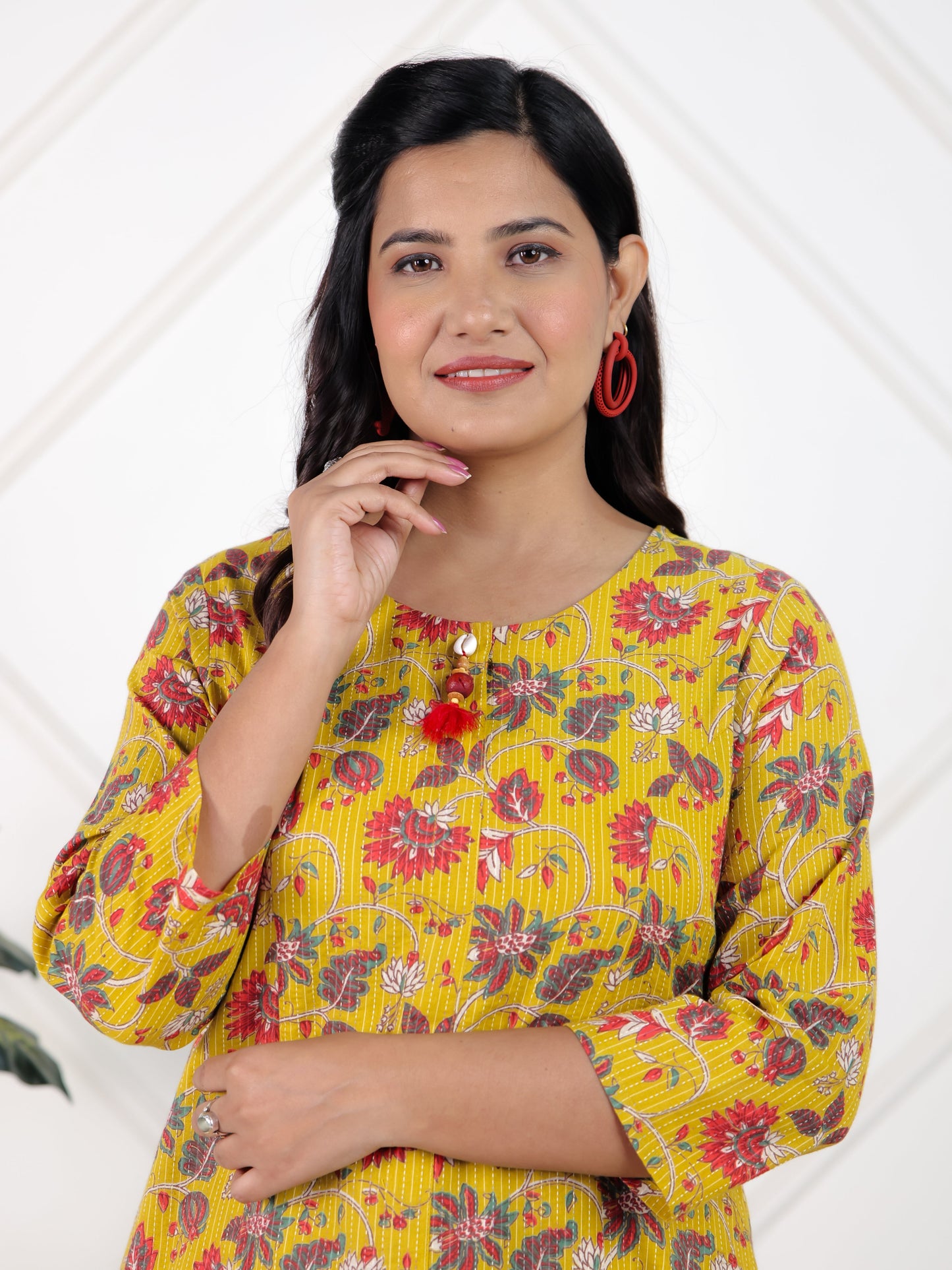 Kantha Cotton Floral A-line Yellow Kurta