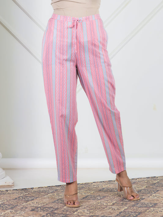 Soft Cotton Striped Peach Tapered Trousers