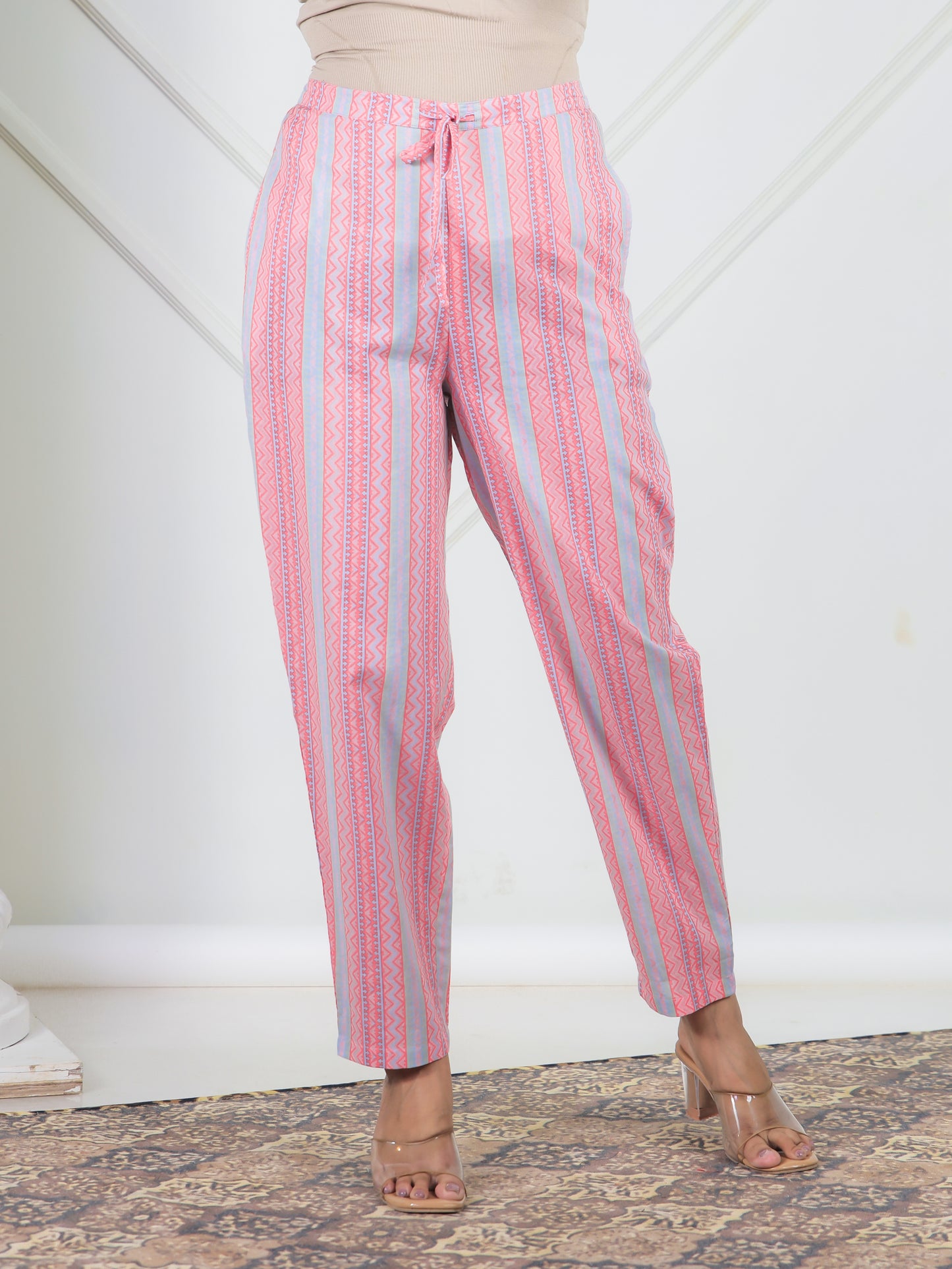Soft Cotton Striped Peach Tapered Trousers