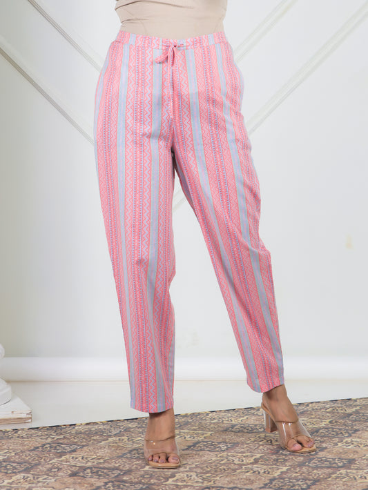 Soft Cotton Striped Peach Tapered Trousers