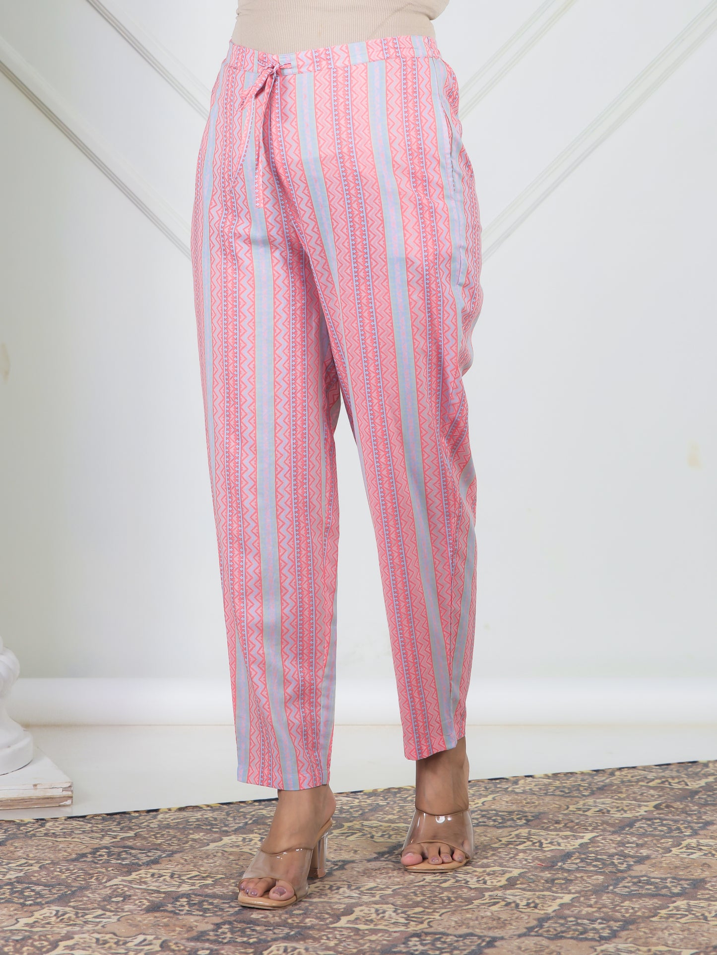 Soft Cotton Striped Peach Tapered Trousers