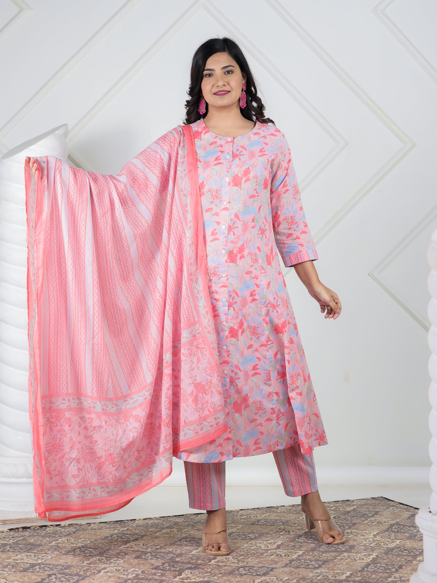 Soft Cotton Floral A-line Peach Kurta