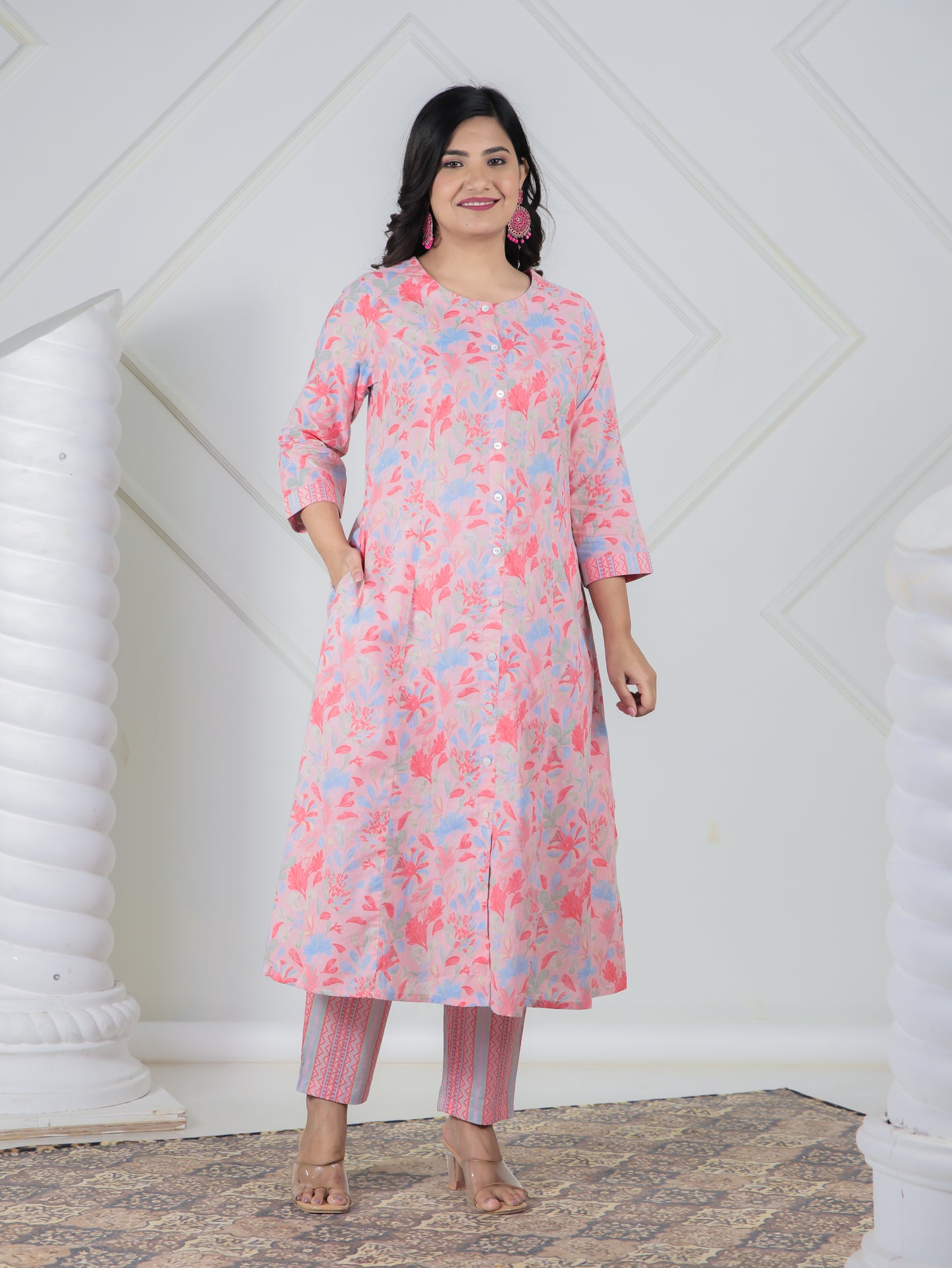 Soft Cotton Floral A-line Peach Kurta