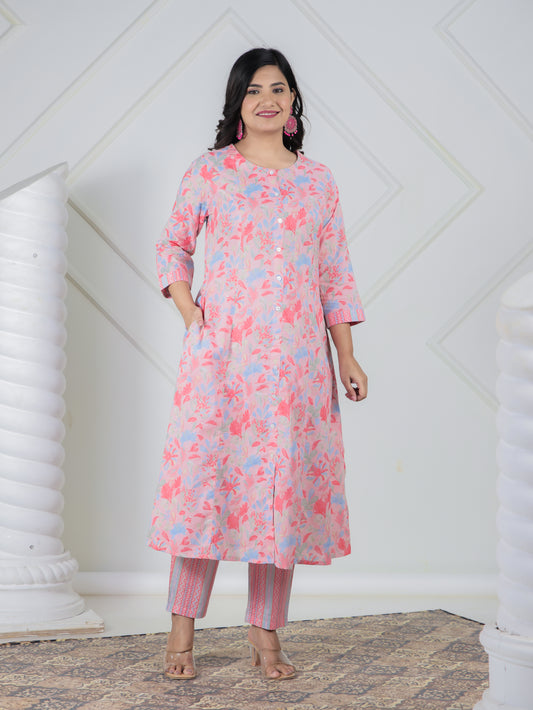 Soft Cotton Floral A-line Peach Kurta