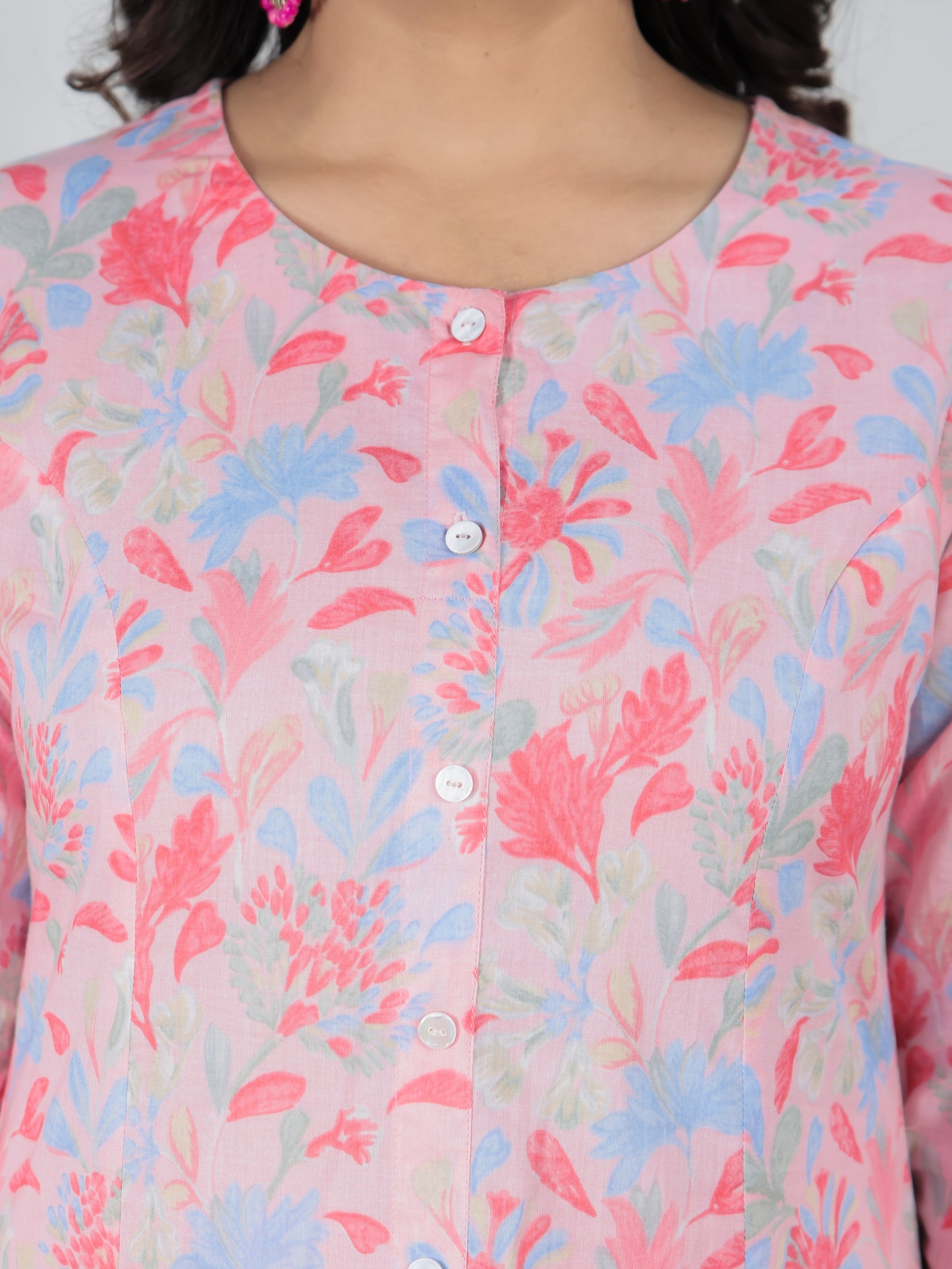 Soft Cotton Floral A-line Peach Kurta