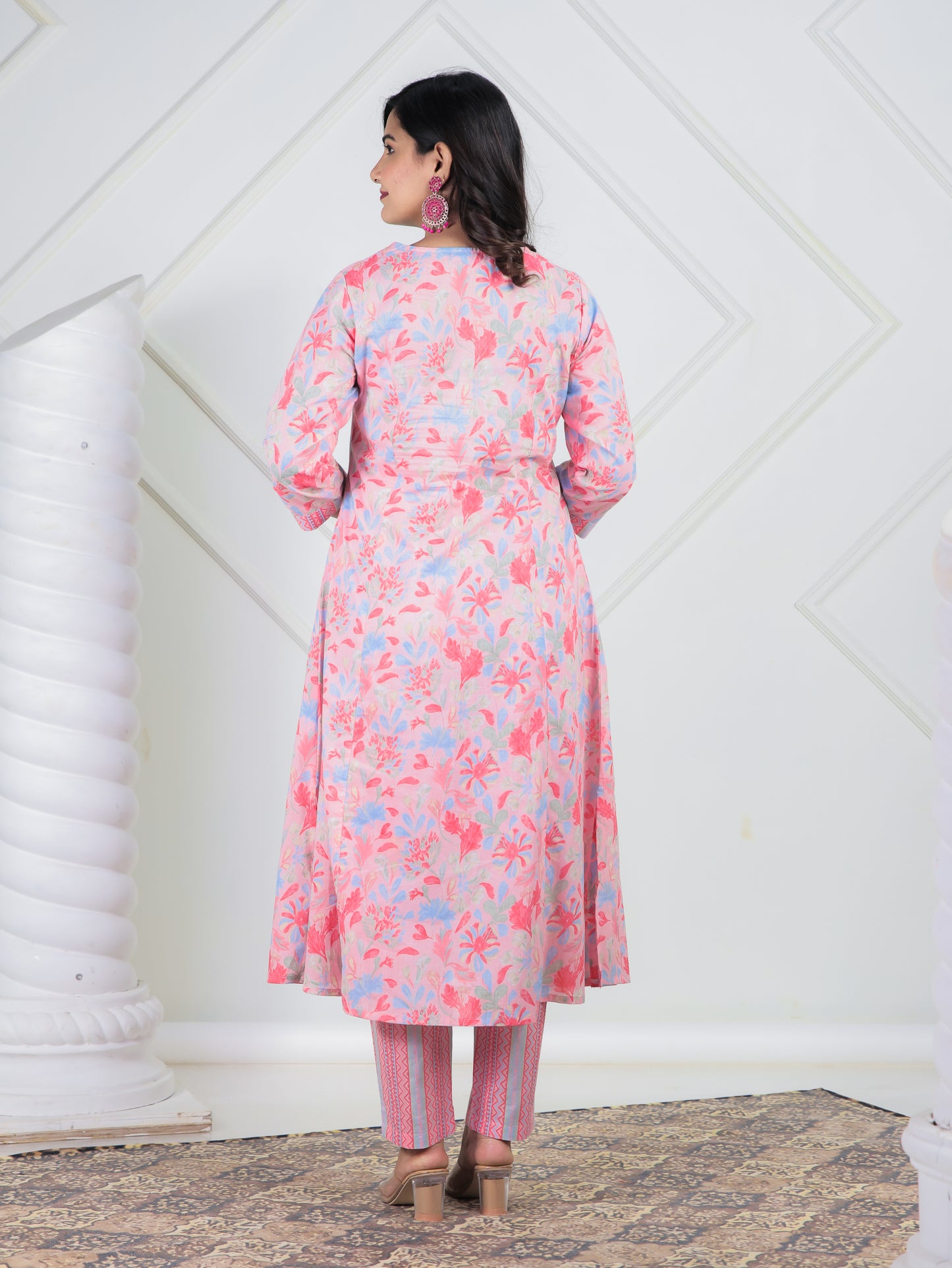 Soft Cotton Floral A-line Peach Kurta