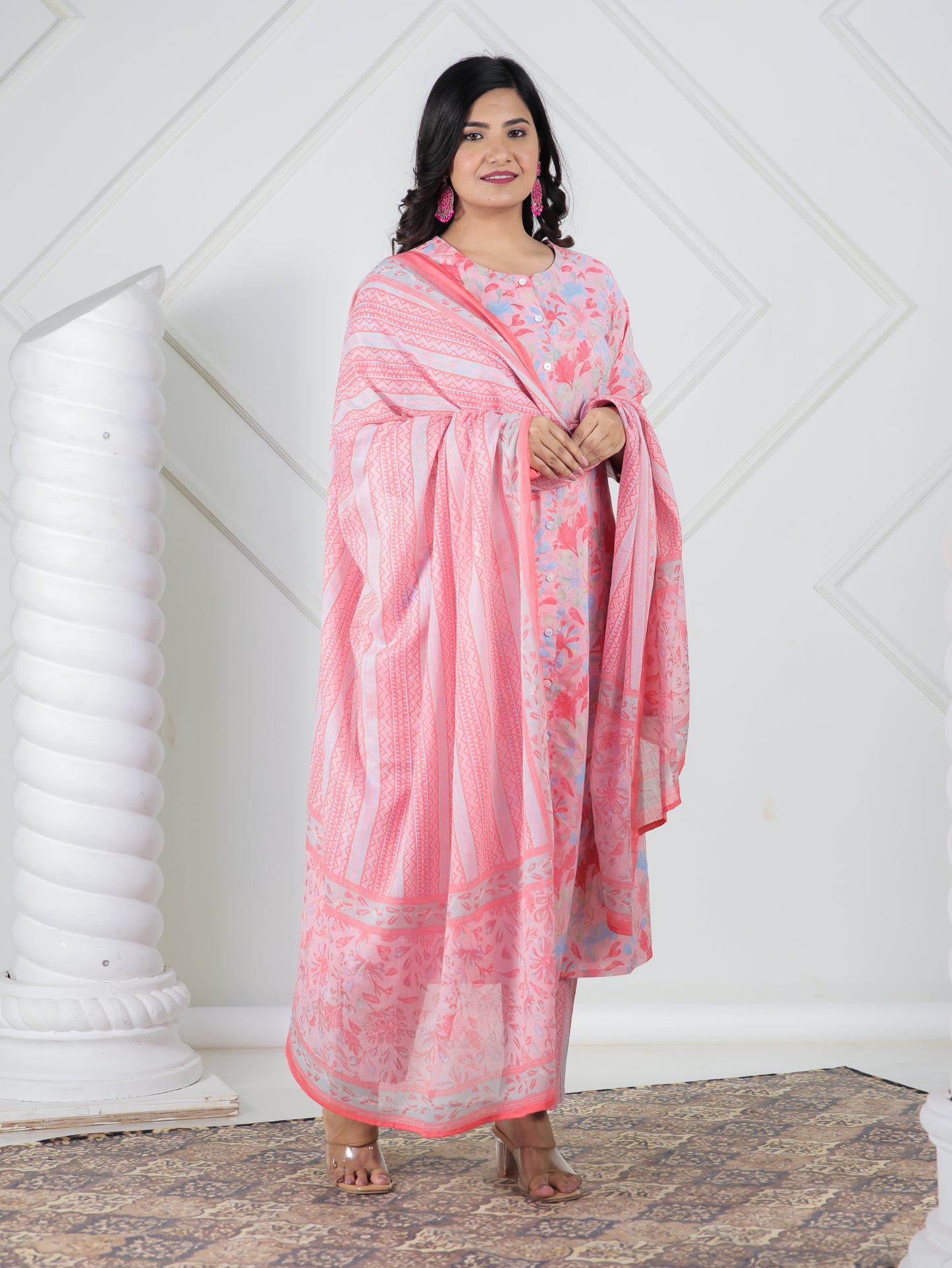 Soft Cotton Floral A-line Peach Kurta