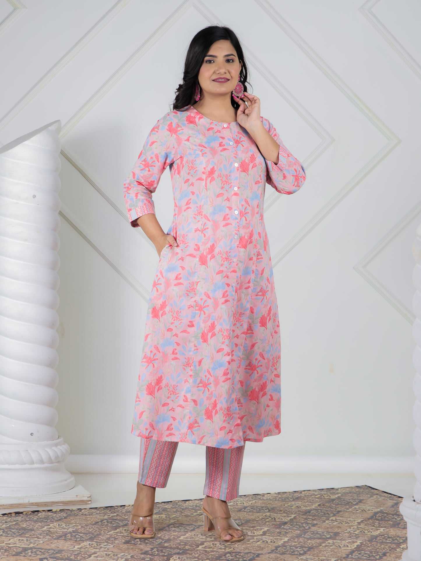 Soft Cotton Floral A-line Peach Kurta