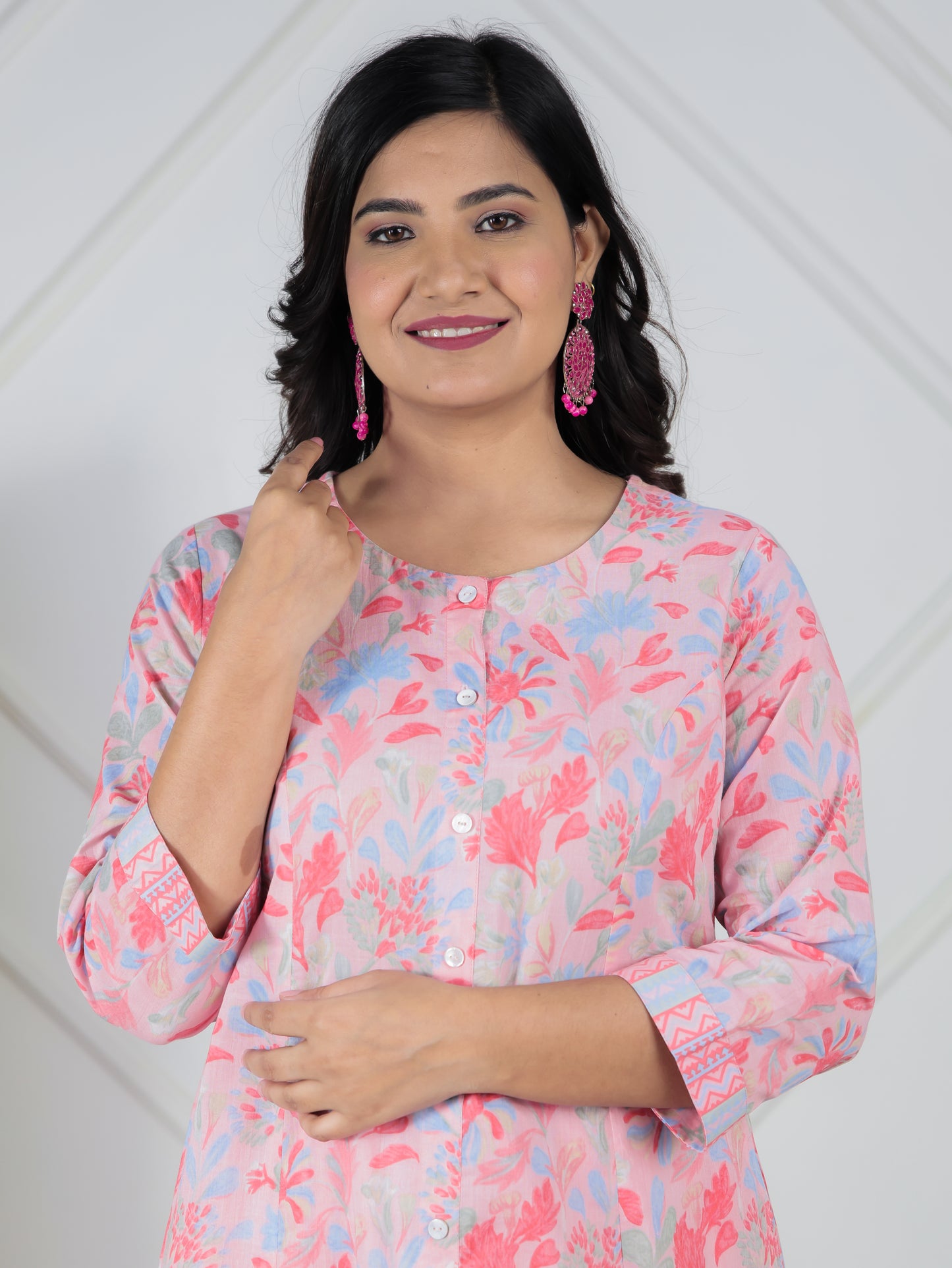 Soft Cotton Floral A-line Peach Kurta