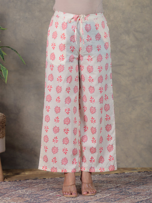 Soft Cotton Floral Cream Flared Trousers