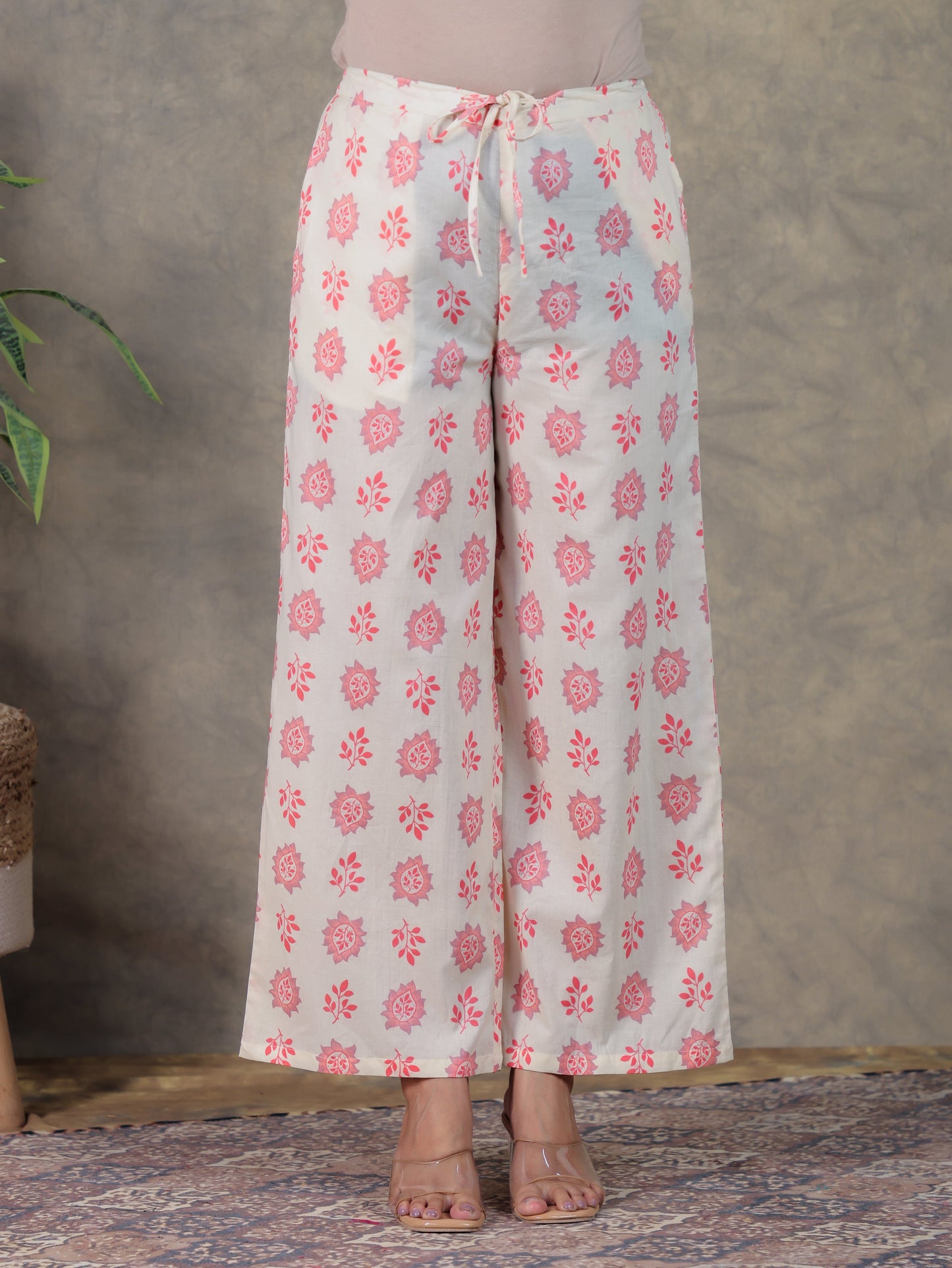 Soft Cotton Floral Cream Flared Trousers