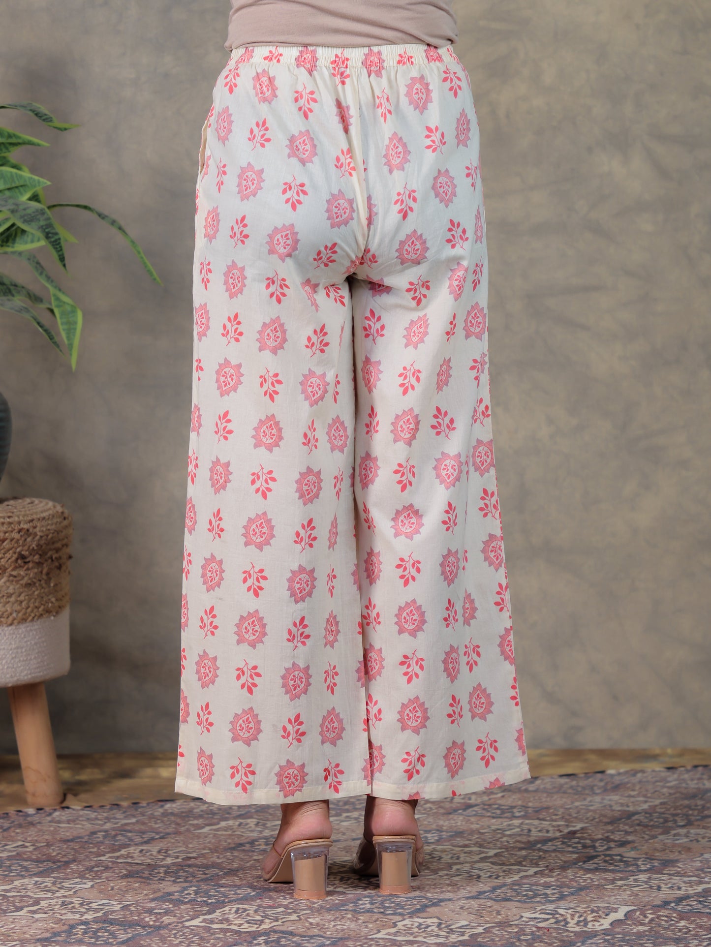 Soft Cotton Floral Cream Flared Trousers