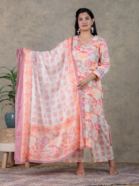 Cotton Voile Floral Cream Dupatta