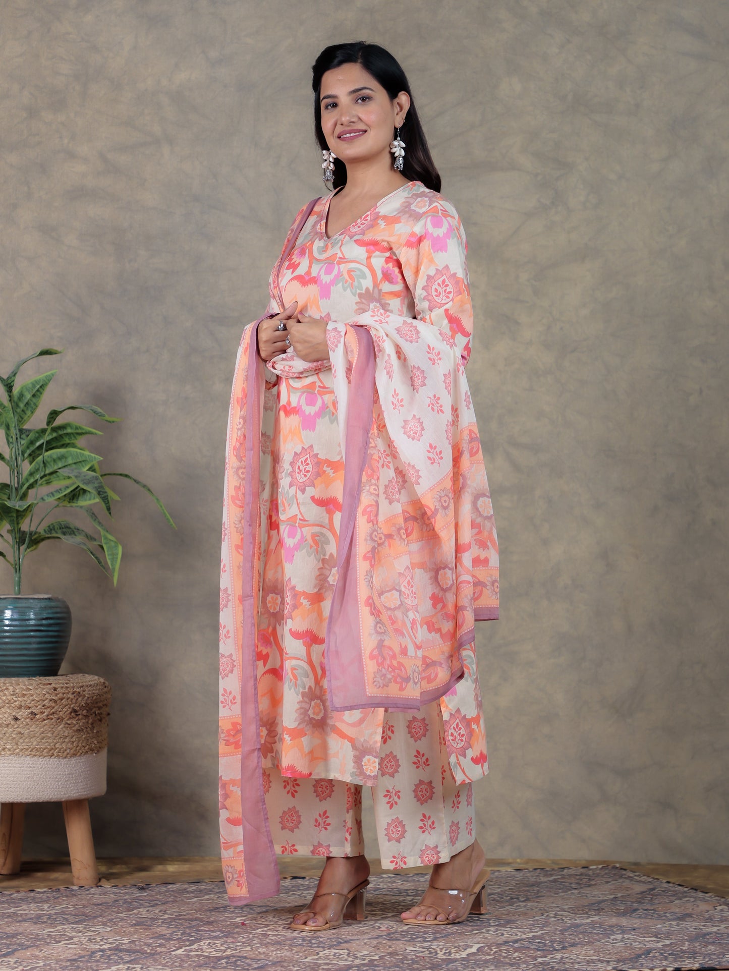 Cotton Voile Floral Cream Dupatta