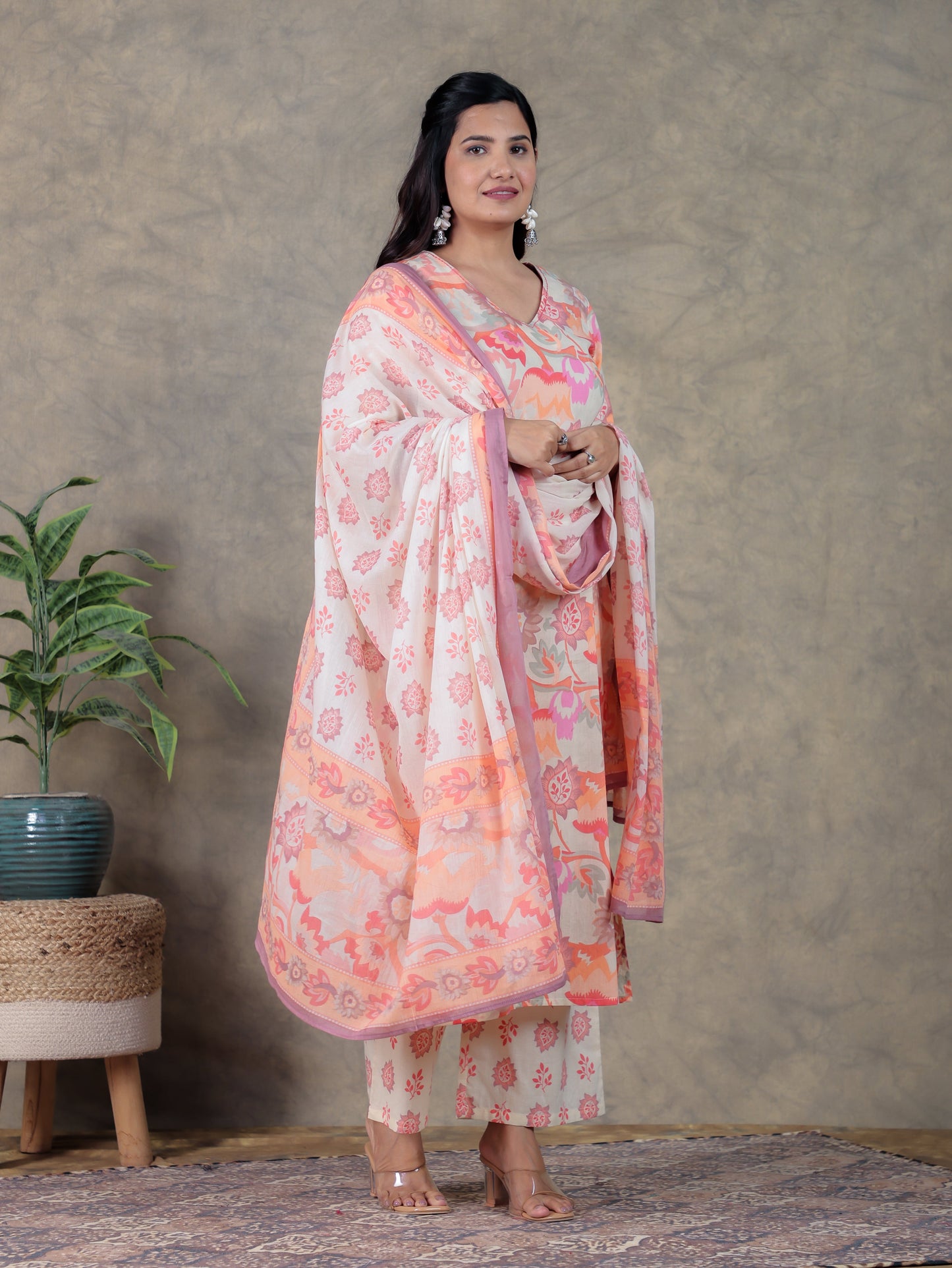 Cotton Voile Floral Cream Dupatta