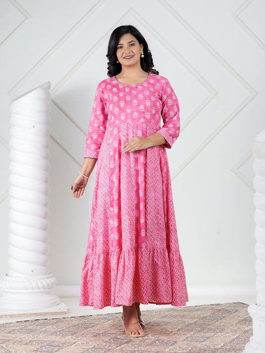 Embroidered Soft Cotton Floral Anarkali Pink Kurta